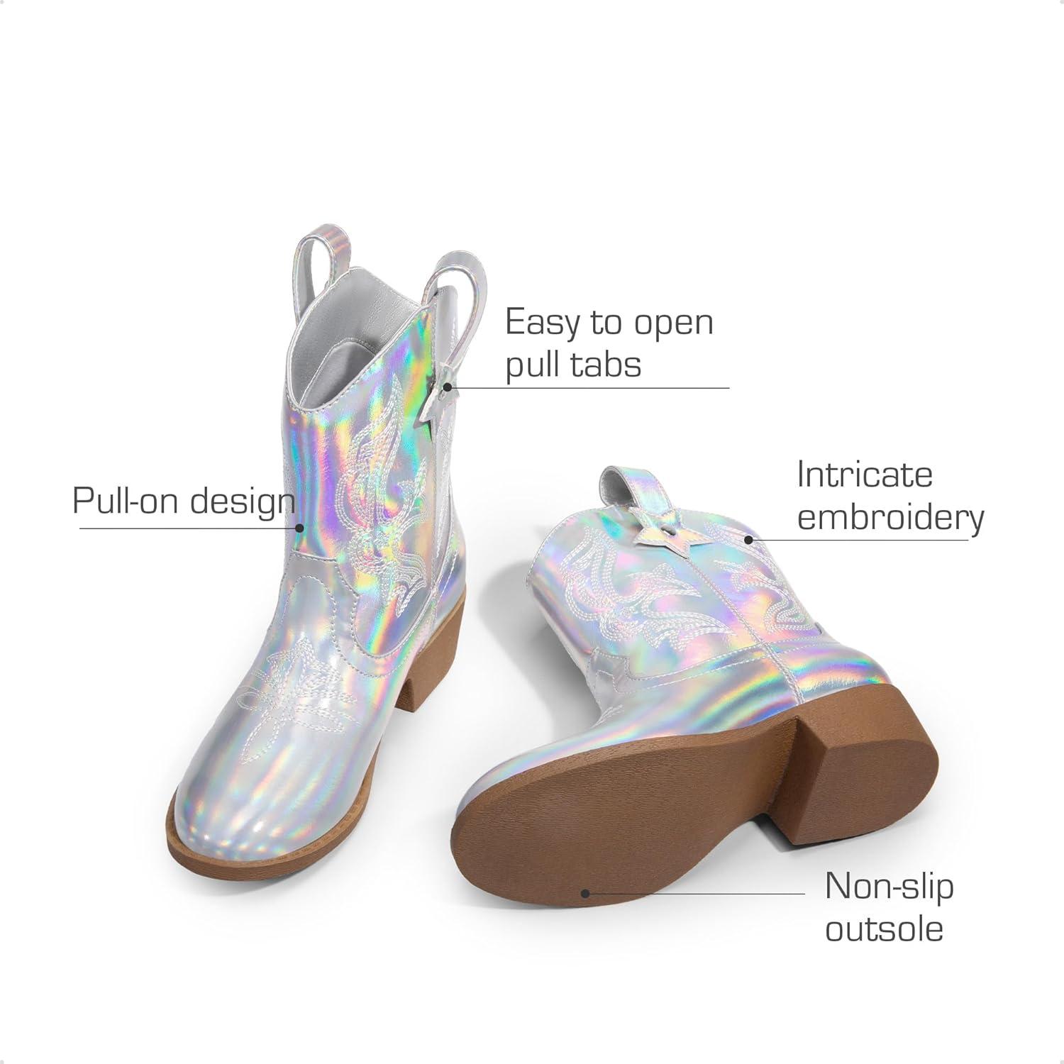 imageDREAM PAIRS Girls Cowboy Cowgirl Boots 2in1 Western Removable Cuff Fold Over Embroidered Fashion Mid Calf ShoesSilver