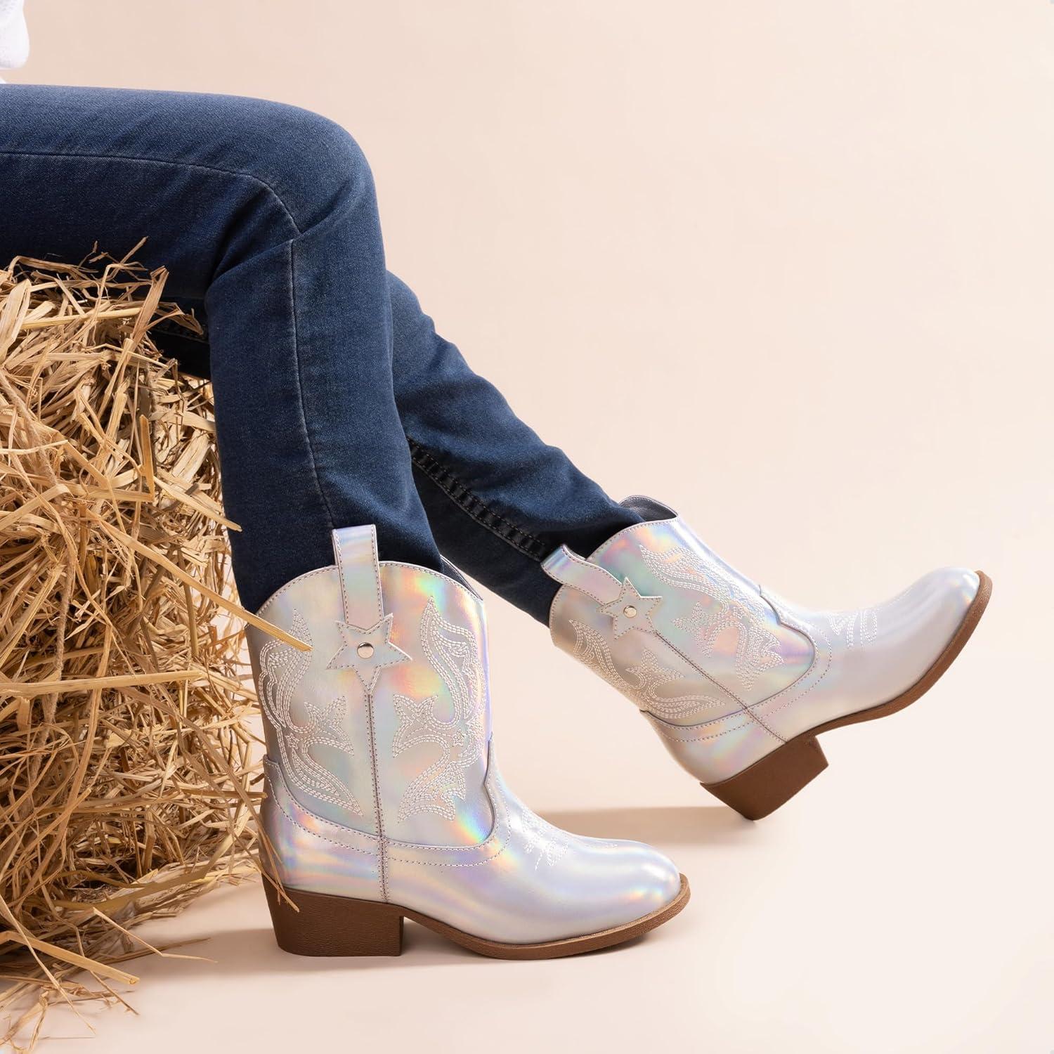 imageDREAM PAIRS Girls Cowboy Cowgirl Boots 2in1 Western Removable Cuff Fold Over Embroidered Fashion Mid Calf ShoesSilver