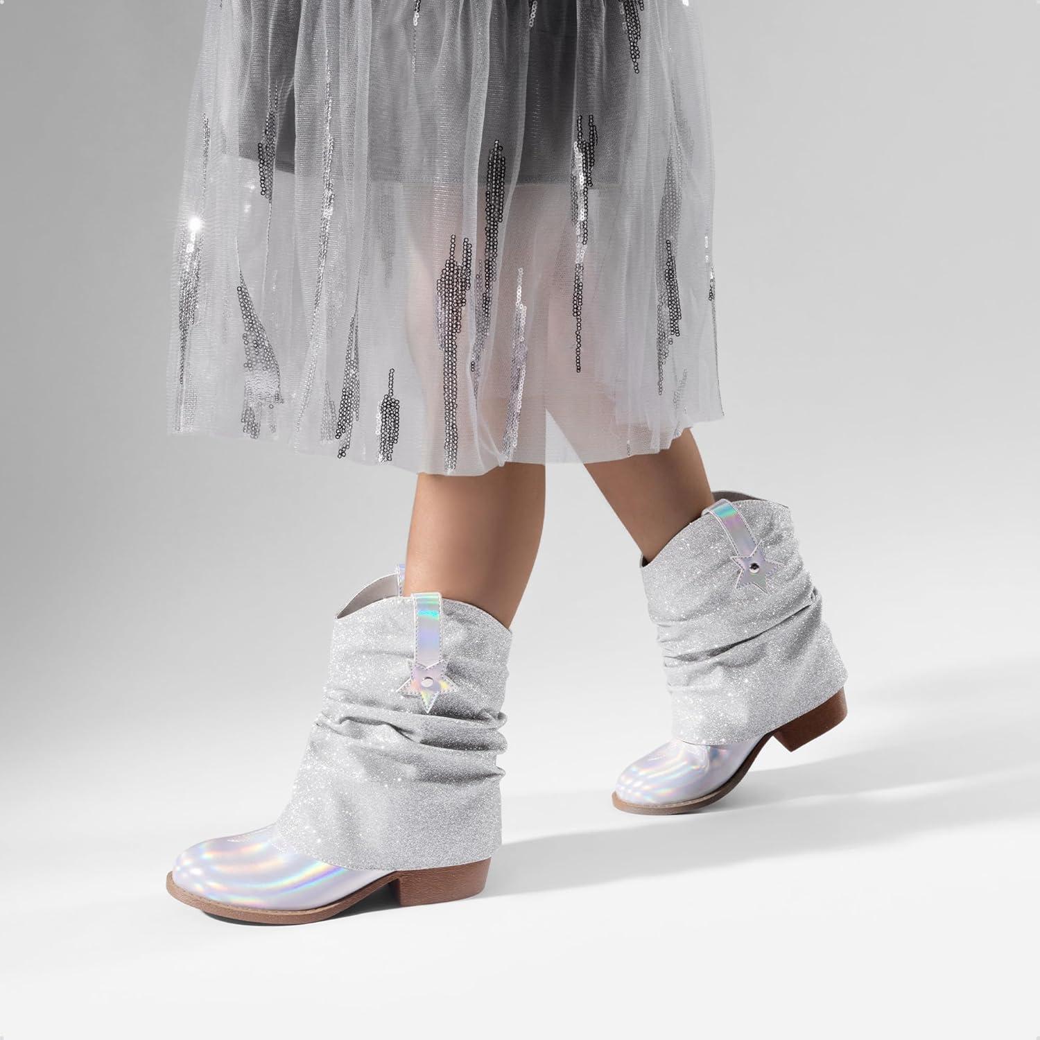 imageDREAM PAIRS Girls Cowboy Cowgirl Boots 2in1 Western Removable Cuff Fold Over Embroidered Fashion Mid Calf ShoesSilver