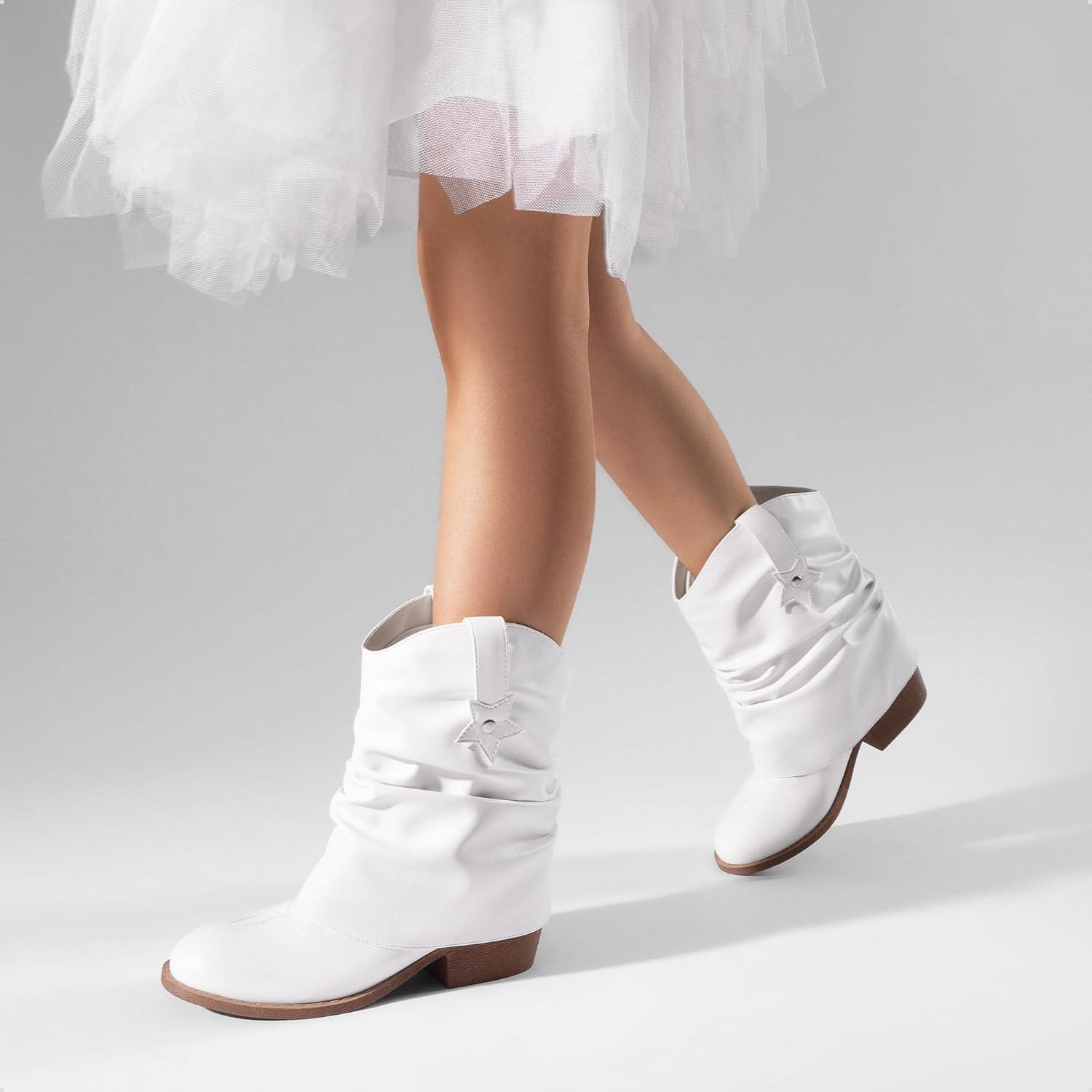 imageDREAM PAIRS Girls Cowboy Cowgirl Boots 2in1 Western Removable Cuff Fold Over Embroidered Fashion Mid Calf ShoesWhite