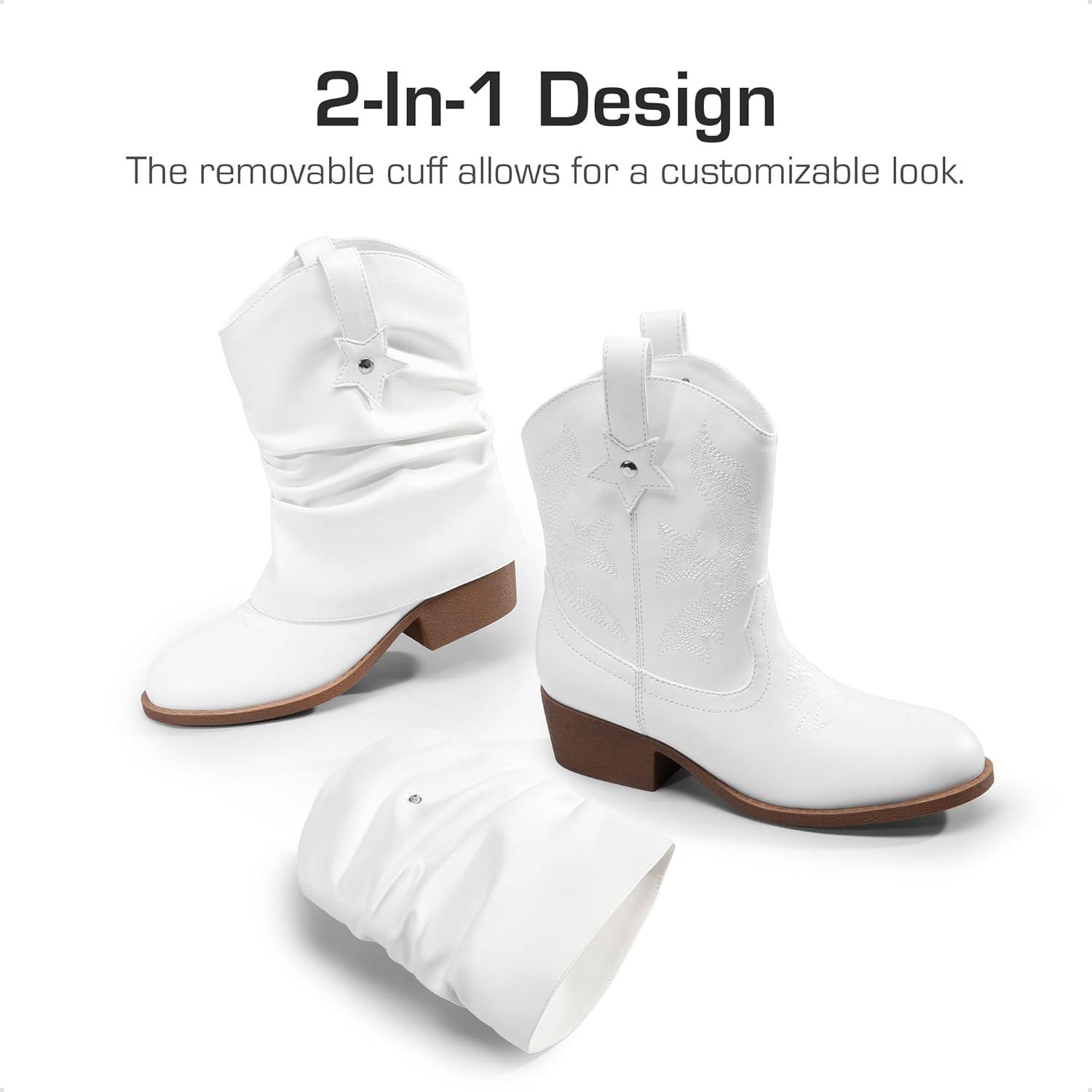 imageDREAM PAIRS Girls Cowboy Cowgirl Boots 2in1 Western Removable Cuff Fold Over Embroidered Fashion Mid Calf ShoesWhite