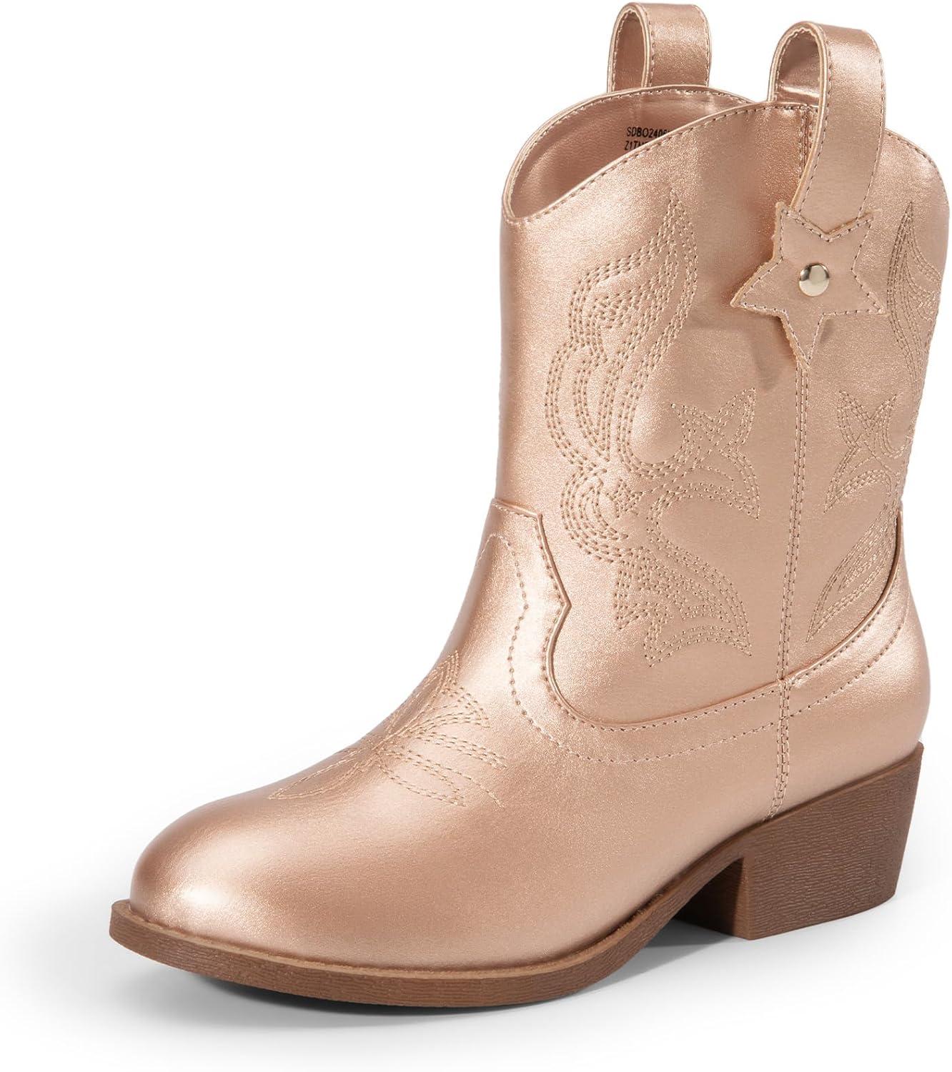 imageDREAM PAIRS Girls Cowgirl Boots Cowboy Boots with Low Heel Western Embroidered Fashion Mid Calf Shoes for ToddlerLittle KidBig KidRose Gold