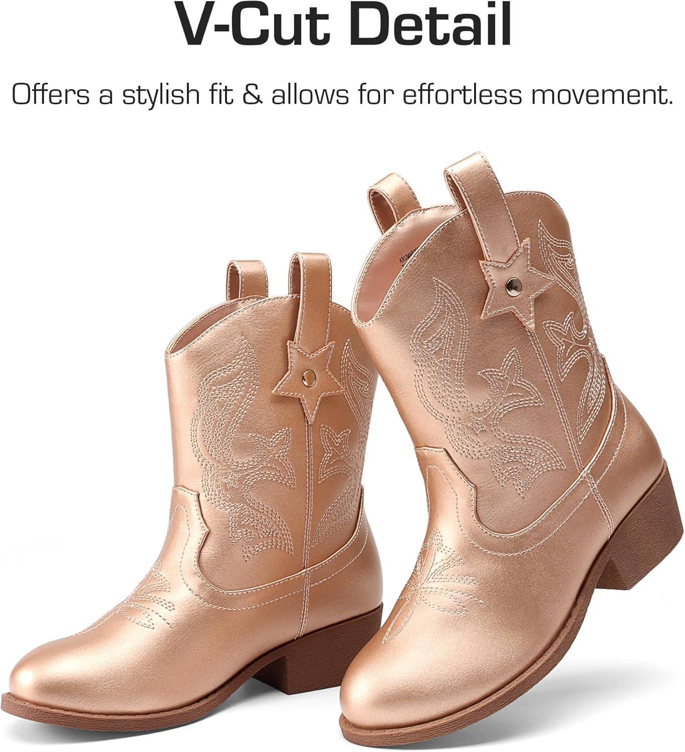 imageDREAM PAIRS Girls Cowgirl Boots Cowboy Boots with Low Heel Western Embroidered Fashion Mid Calf Shoes for ToddlerLittle KidBig KidRose Gold