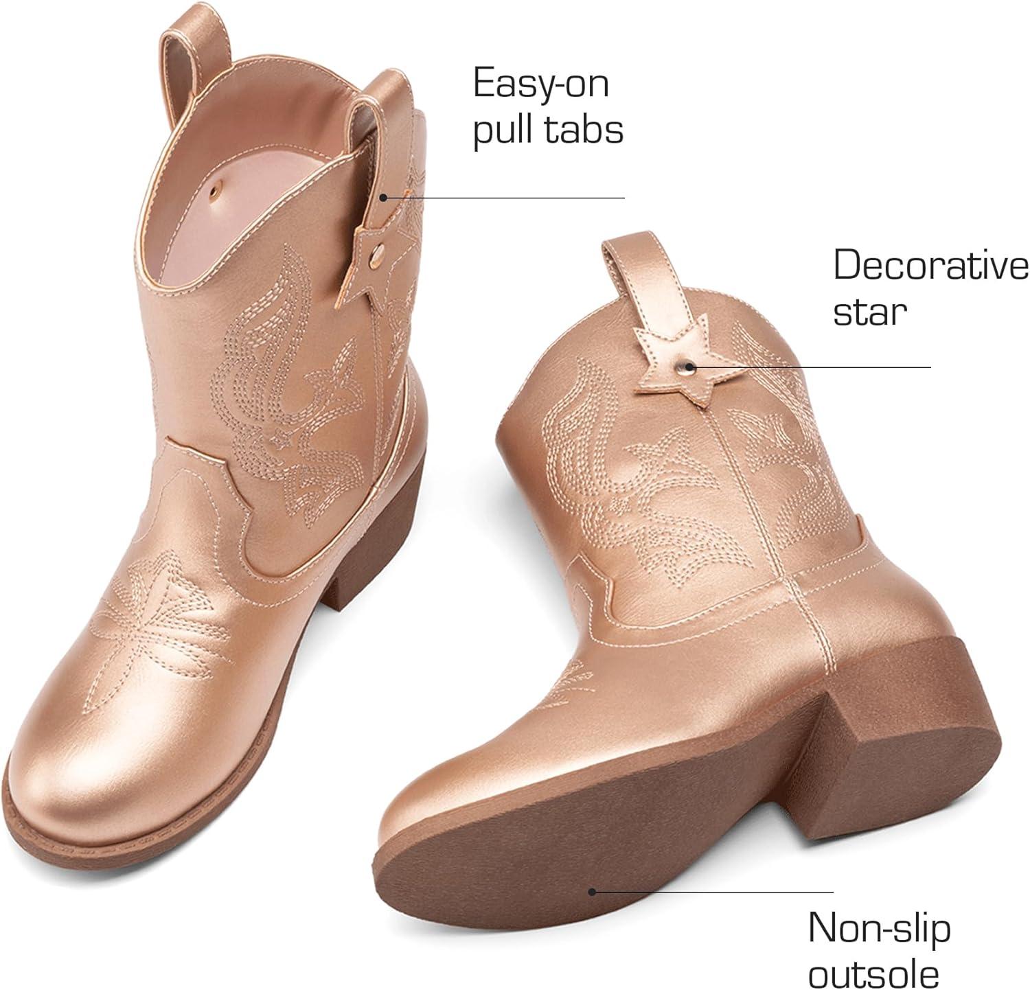 imageDREAM PAIRS Girls Cowgirl Boots Cowboy Boots with Low Heel Western Embroidered Fashion Mid Calf Shoes for ToddlerLittle KidBig KidRose Gold