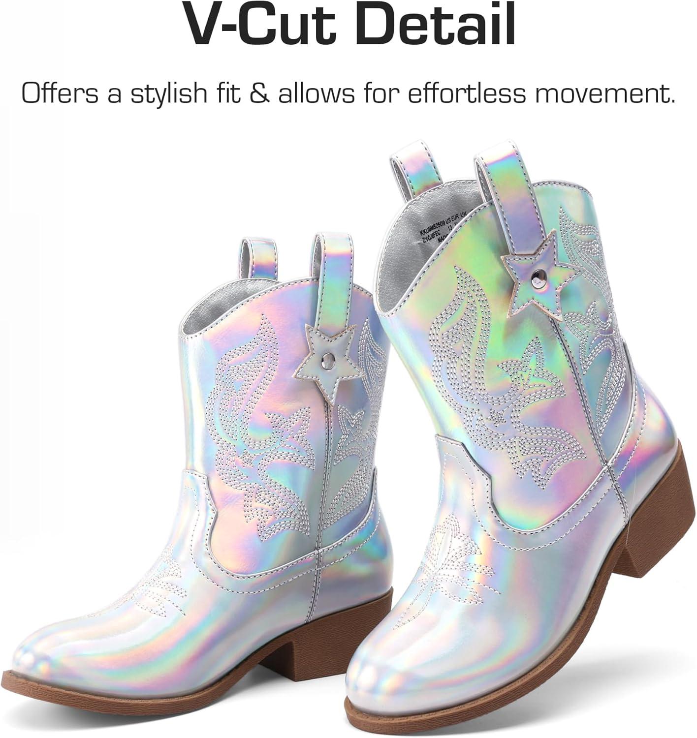 imageDREAM PAIRS Girls Cowgirl Boots Cowboy Boots with Low Heel Western Embroidered Fashion Mid Calf Shoes for ToddlerLittle KidBig KidSilver