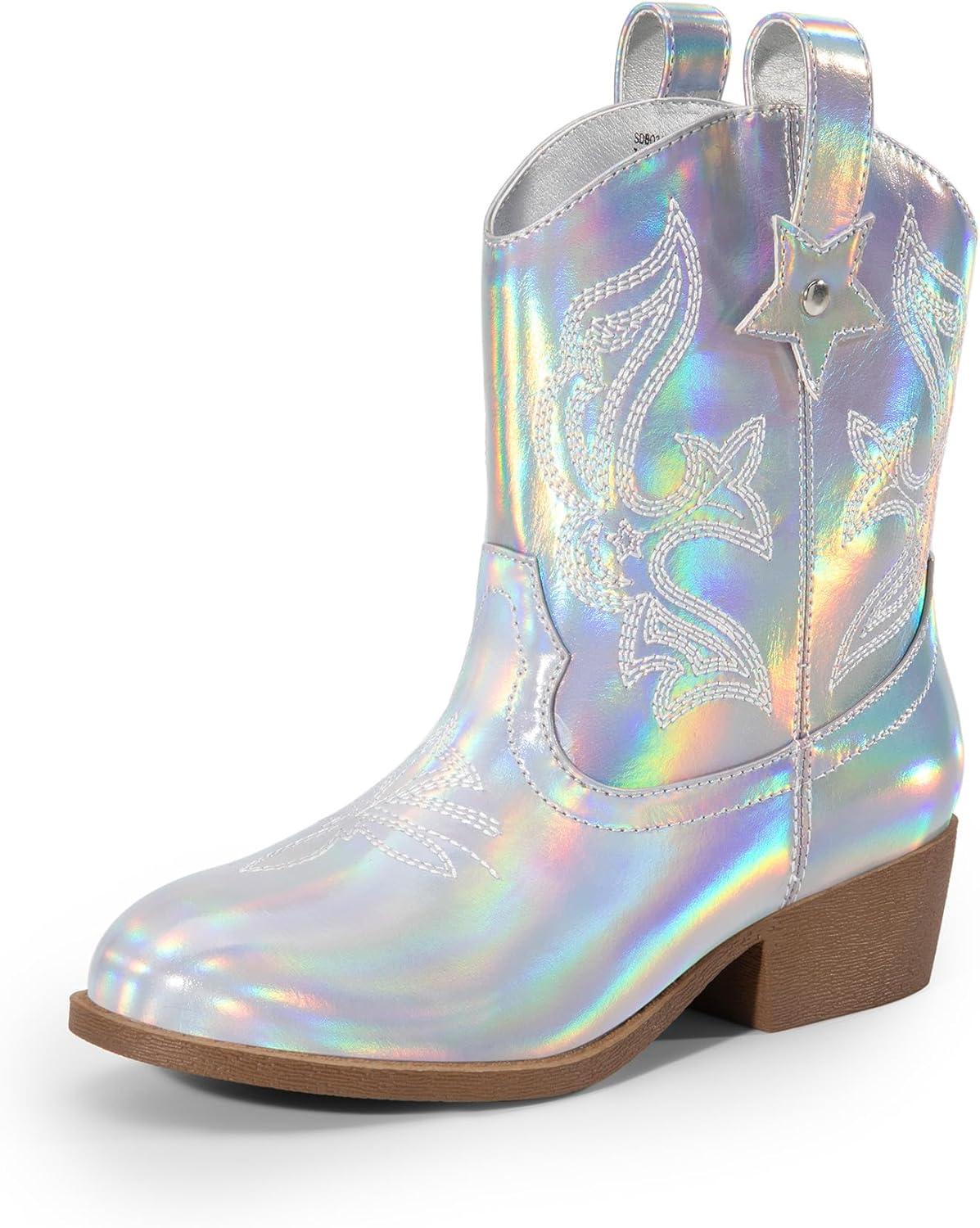 imageDREAM PAIRS Girls Cowgirl Boots Cowboy Boots with Low Heel Western Embroidered Fashion Mid Calf Shoes for ToddlerLittle KidBig KidSilver