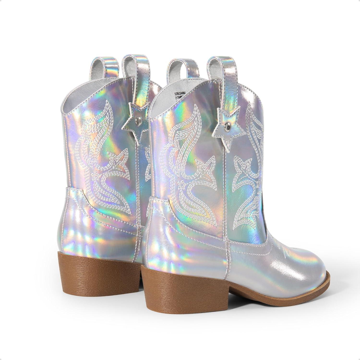 imageDREAM PAIRS Girls Cowgirl Boots Cowboy Boots with Low Heel Western Embroidered Fashion Mid Calf Shoes for ToddlerLittle KidBig KidSilver