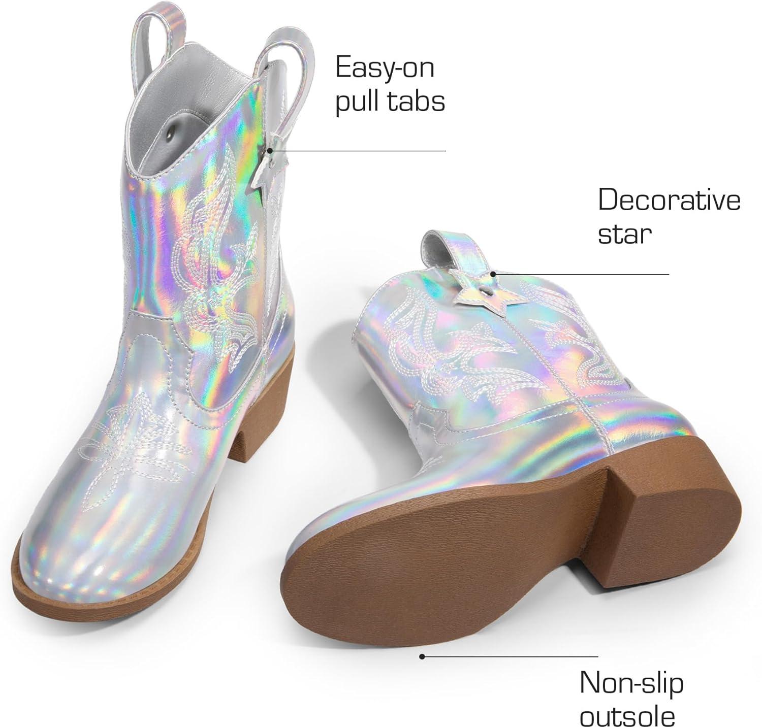 imageDREAM PAIRS Girls Cowgirl Boots Cowboy Boots with Low Heel Western Embroidered Fashion Mid Calf Shoes for ToddlerLittle KidBig KidSilver