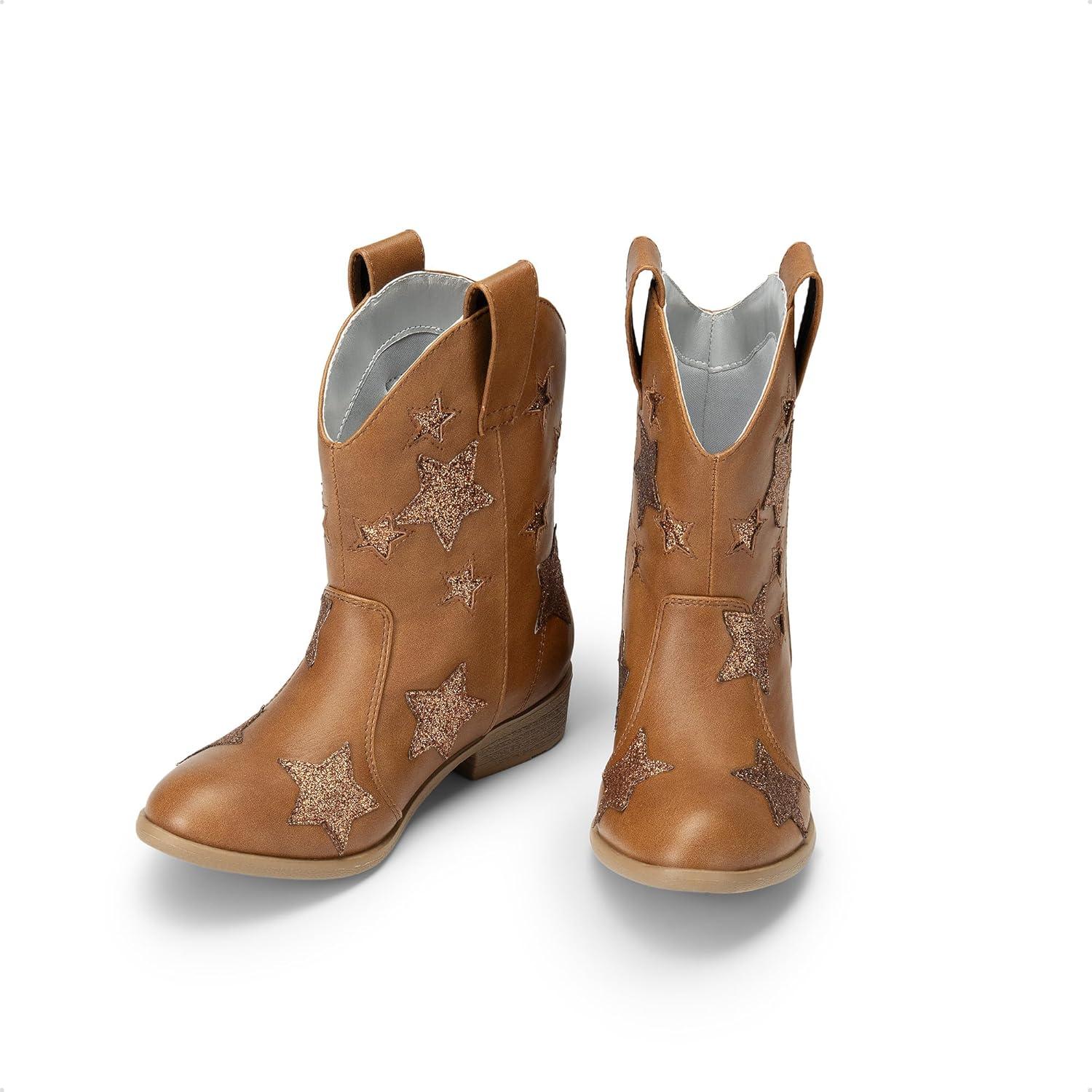 imageDREAM PAIRS Girls Cowgirl Boots Mid Calf Glitter Cowboy Western Boots Toddler Girls Star Riding ShoesCamel