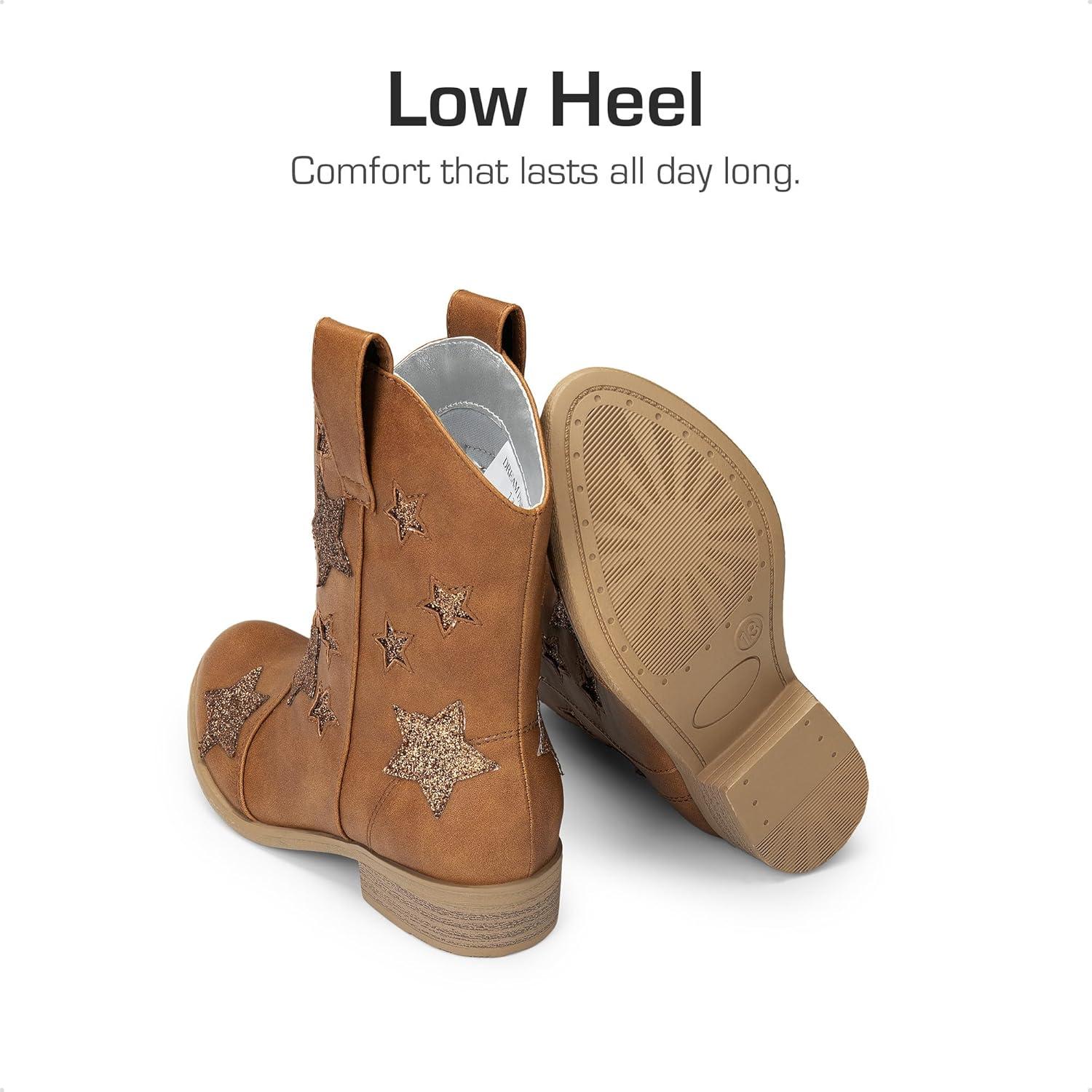 imageDREAM PAIRS Girls Cowgirl Boots Mid Calf Glitter Cowboy Western Boots Toddler Girls Star Riding ShoesCamel