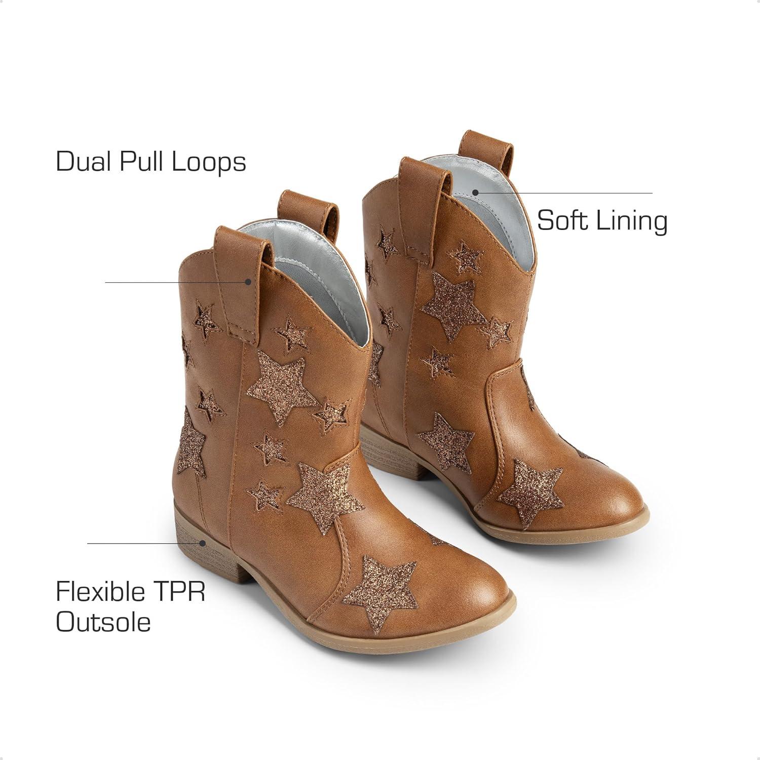 imageDREAM PAIRS Girls Cowgirl Boots Mid Calf Glitter Cowboy Western Boots Toddler Girls Star Riding ShoesCamel