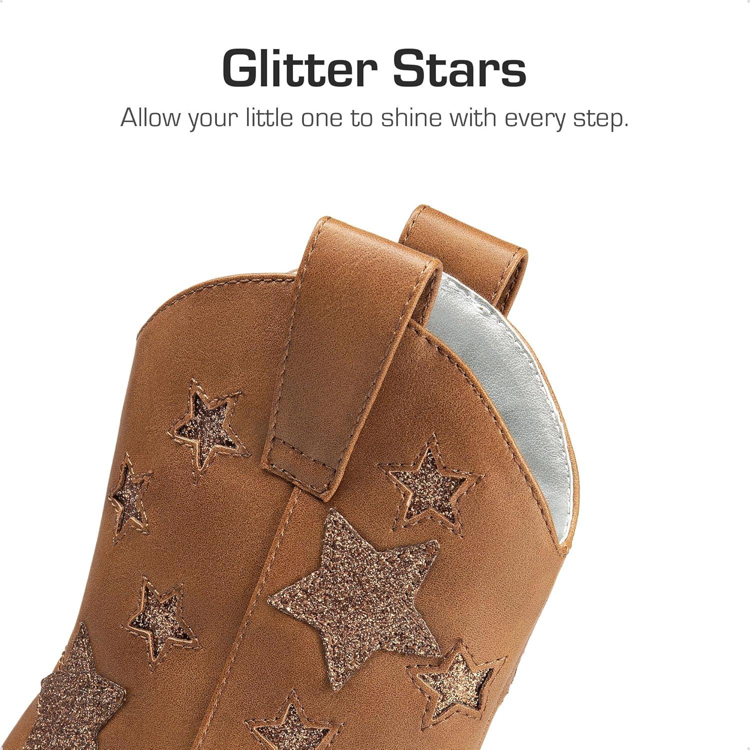 imageDREAM PAIRS Girls Cowgirl Boots Mid Calf Glitter Cowboy Western Boots Toddler Girls Star Riding ShoesCamel
