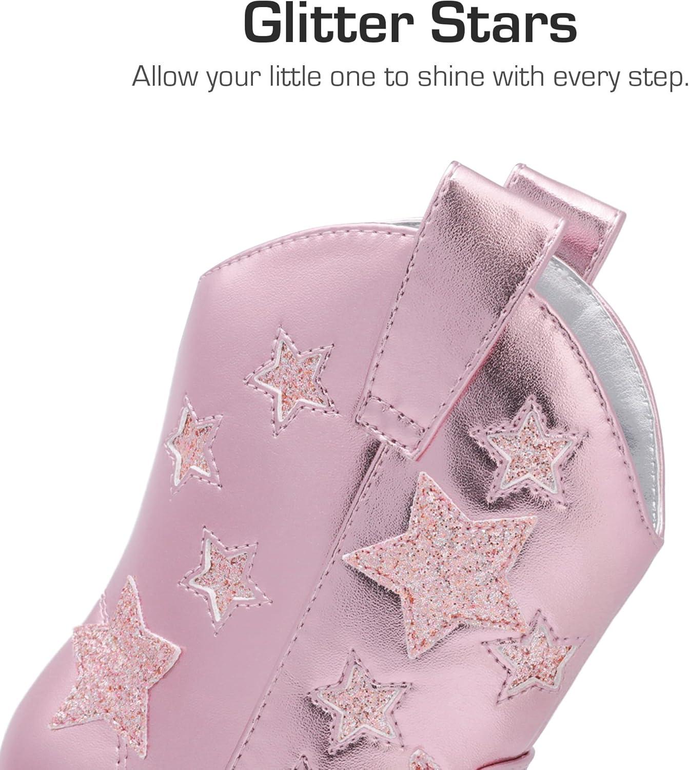 imageDREAM PAIRS Girls Cowgirl Boots Mid Calf Glitter Cowboy Western Boots Toddler Girls Star Riding ShoesPink