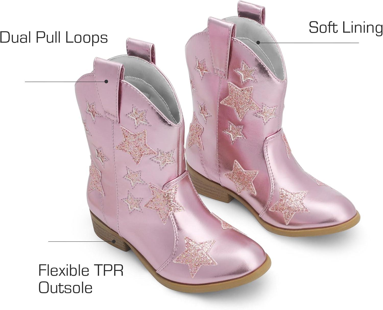 imageDREAM PAIRS Girls Cowgirl Boots Mid Calf Glitter Cowboy Western Boots Toddler Girls Star Riding ShoesPink
