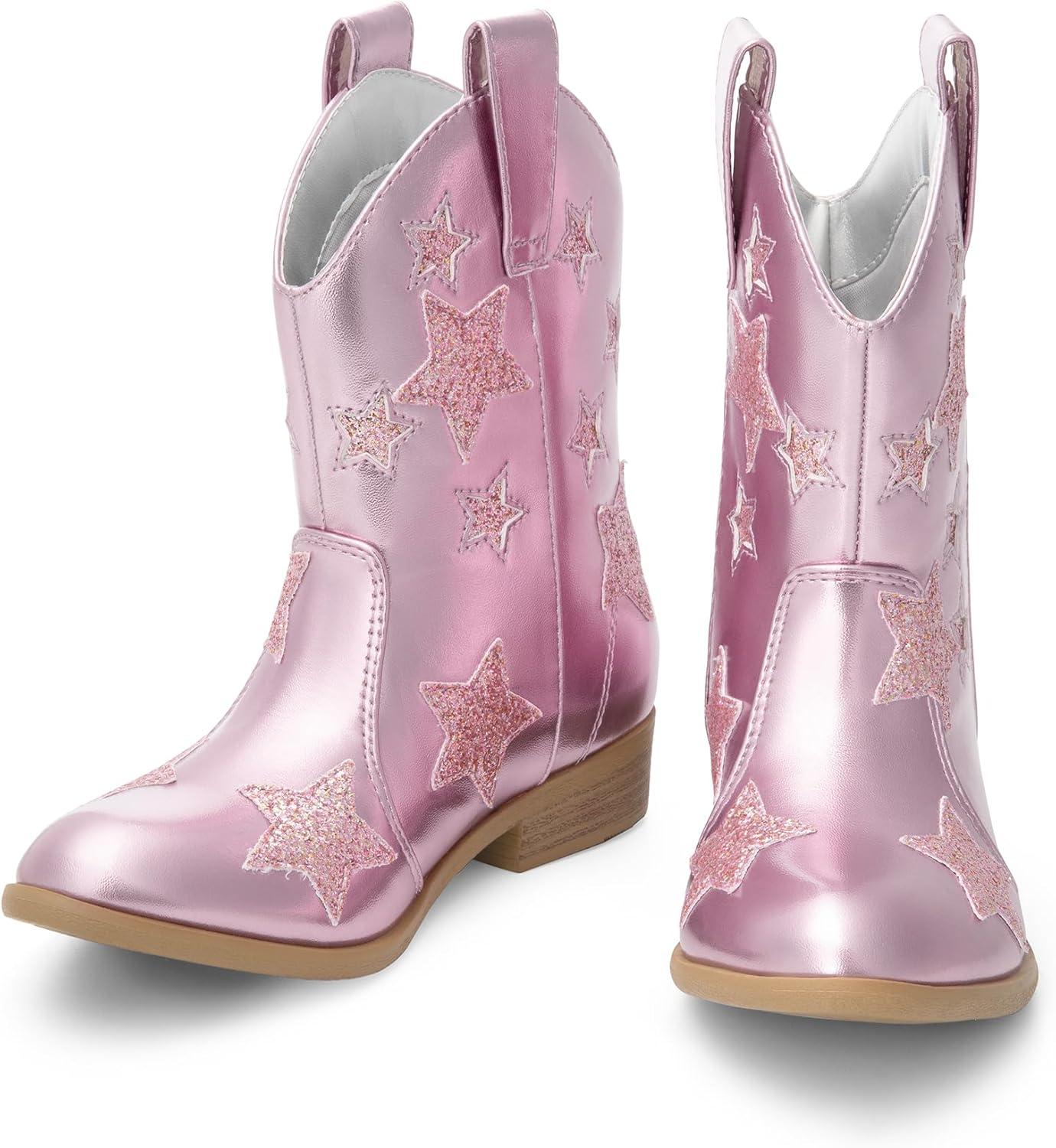 imageDREAM PAIRS Girls Cowgirl Boots Mid Calf Glitter Cowboy Western Boots Toddler Girls Star Riding ShoesPink