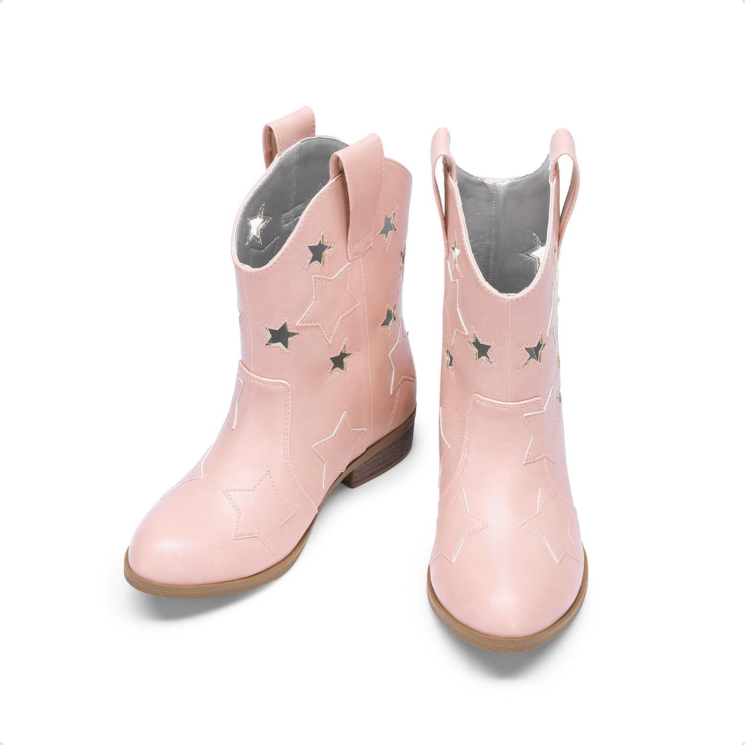 imageDREAM PAIRS Girls Cowgirl Boots Mid Calf Glitter Cowboy Western Boots Toddler Girls Star Riding ShoesPinkholes