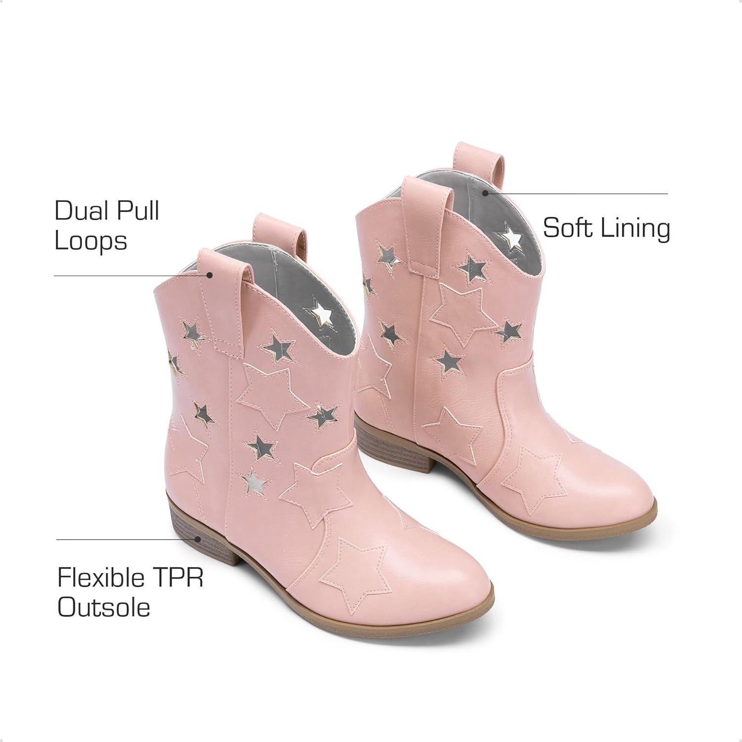 imageDREAM PAIRS Girls Cowgirl Boots Mid Calf Glitter Cowboy Western Boots Toddler Girls Star Riding ShoesPinkholes