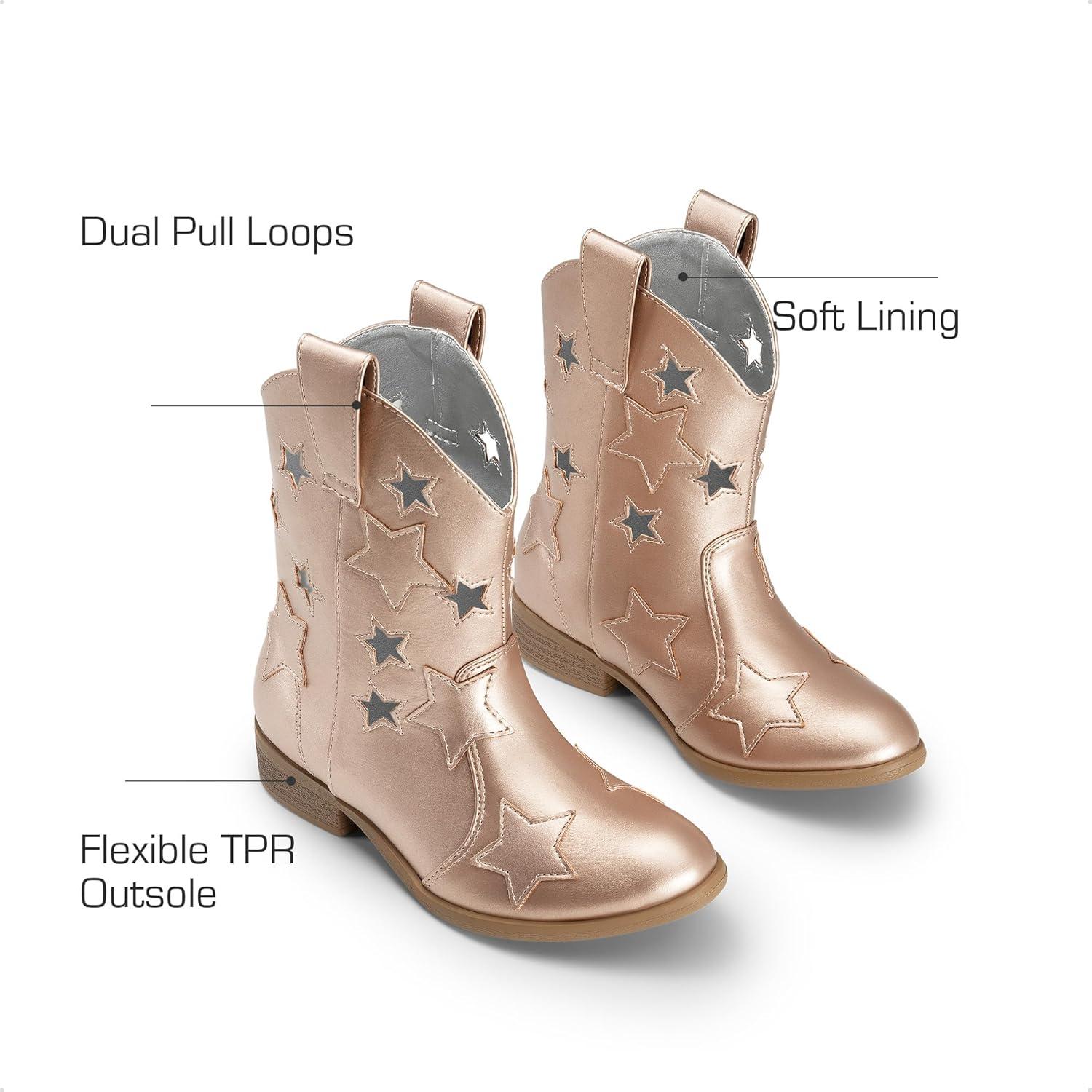 imageDREAM PAIRS Girls Cowgirl Boots Mid Calf Glitter Cowboy Western Boots Toddler Girls Star Riding ShoesRose Goldholes