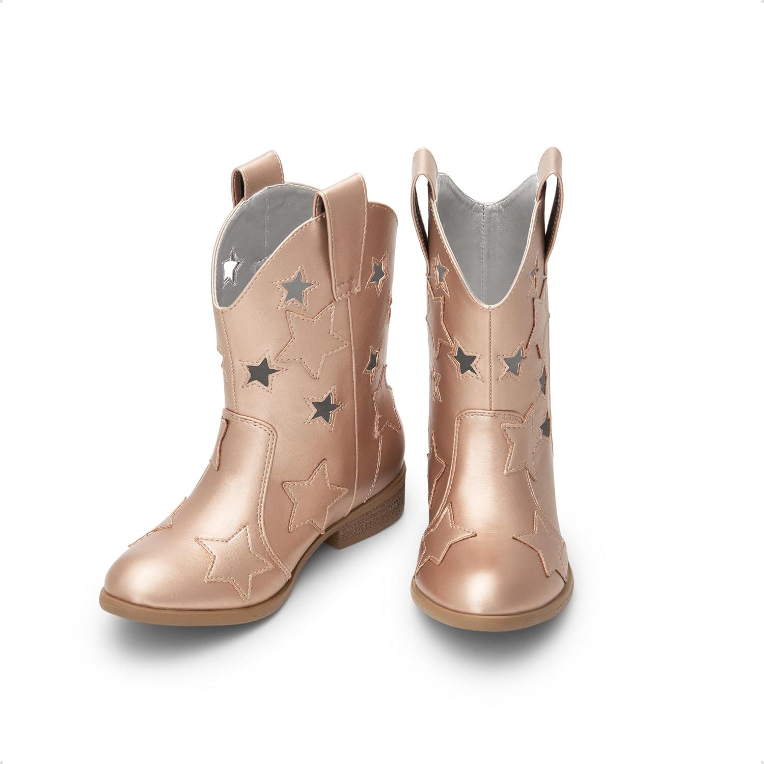 imageDREAM PAIRS Girls Cowgirl Boots Mid Calf Glitter Cowboy Western Boots Toddler Girls Star Riding ShoesRose Goldholes