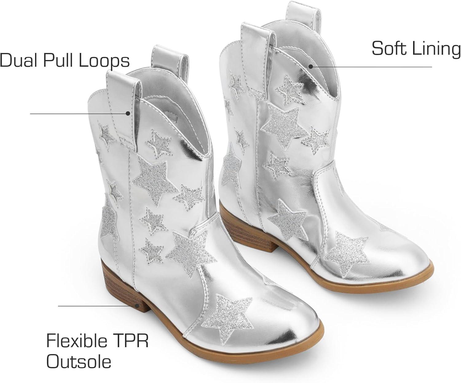 imageDREAM PAIRS Girls Cowgirl Boots Mid Calf Glitter Cowboy Western Boots Toddler Girls Star Riding ShoesSilver