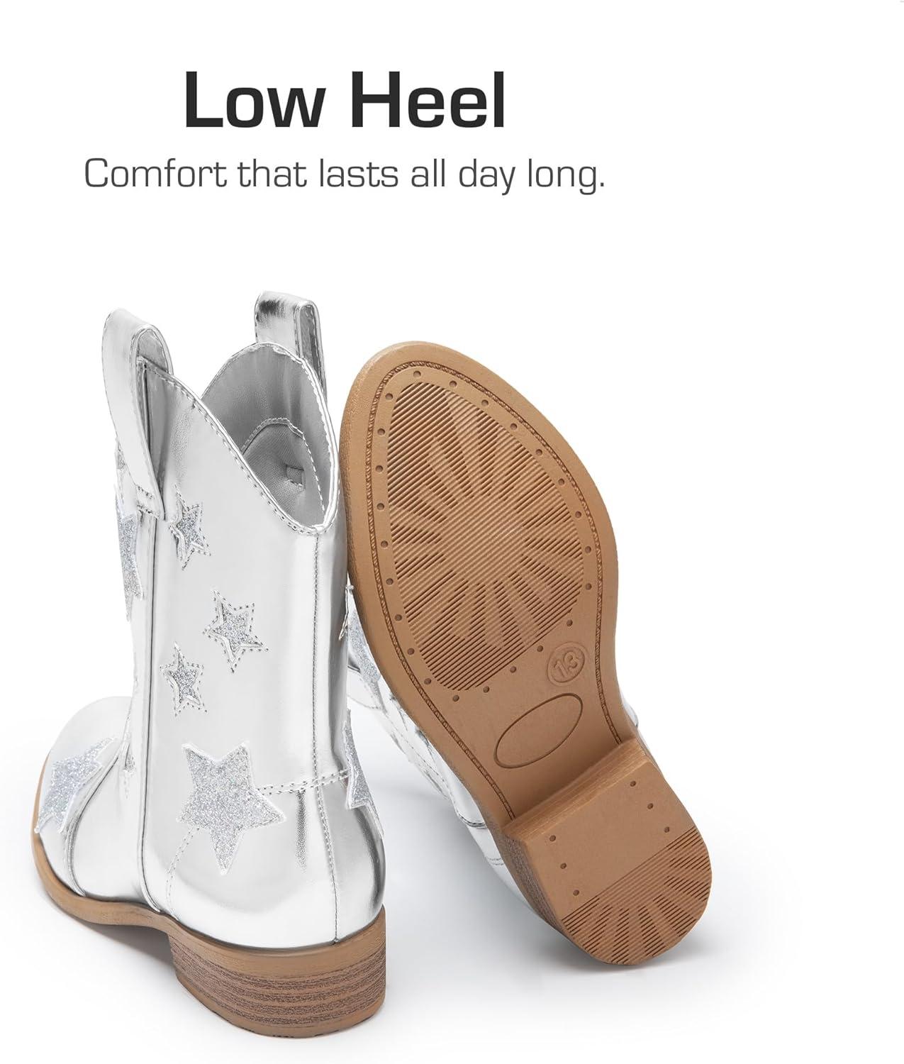 imageDREAM PAIRS Girls Cowgirl Boots Mid Calf Glitter Cowboy Western Boots Toddler Girls Star Riding ShoesSilver