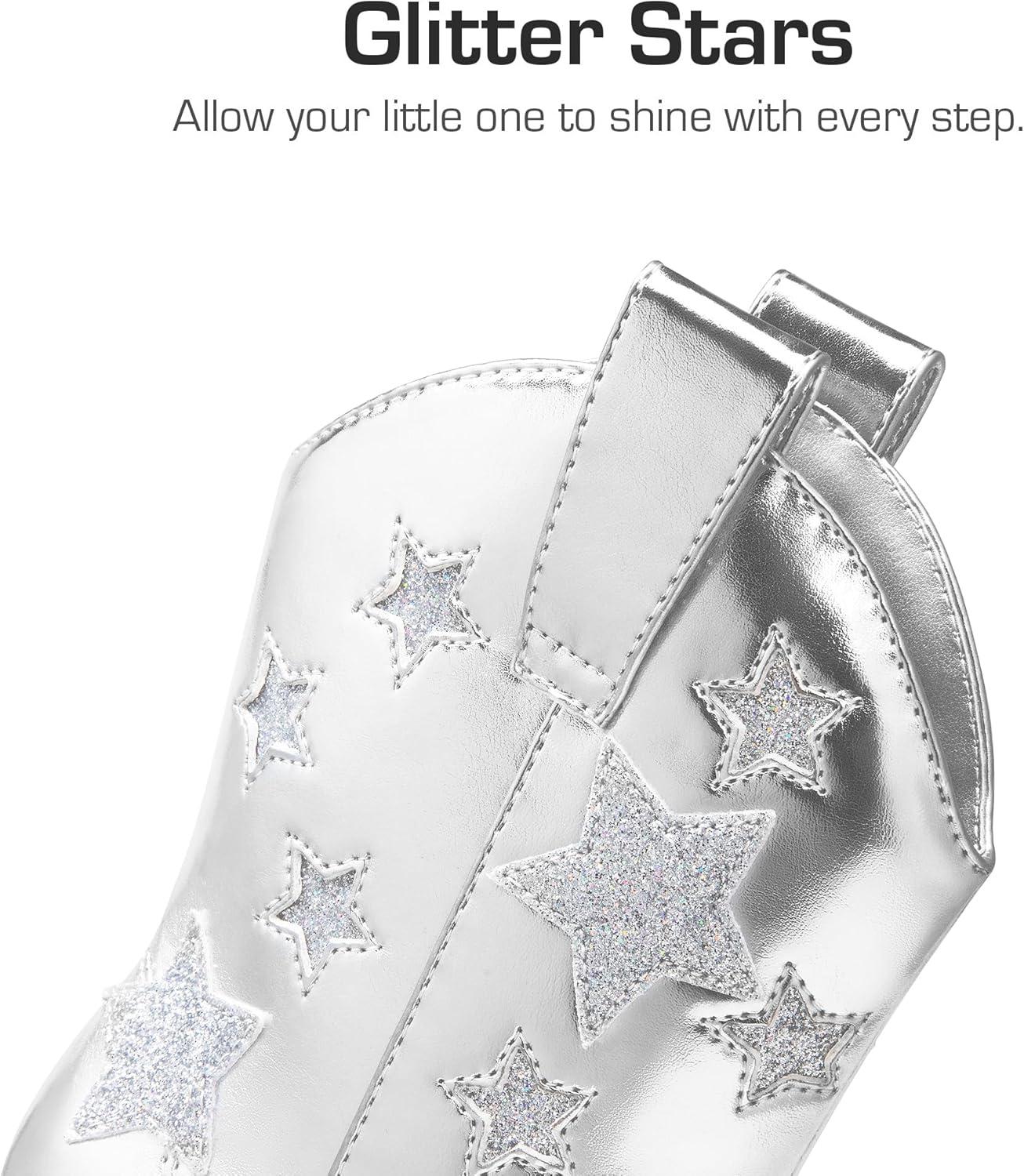 imageDREAM PAIRS Girls Cowgirl Boots Mid Calf Glitter Cowboy Western Boots Toddler Girls Star Riding ShoesSilver