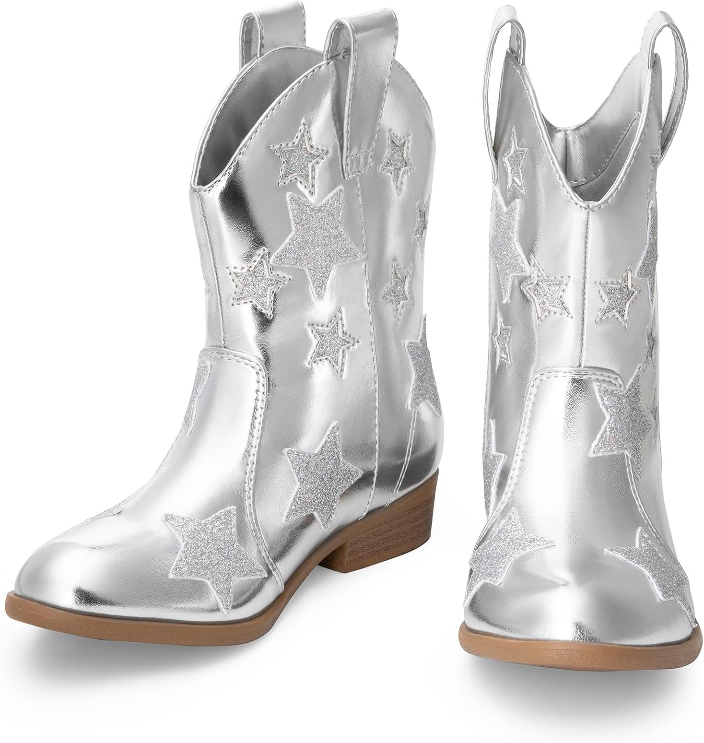 imageDREAM PAIRS Girls Cowgirl Boots Mid Calf Glitter Cowboy Western Boots Toddler Girls Star Riding ShoesSilver