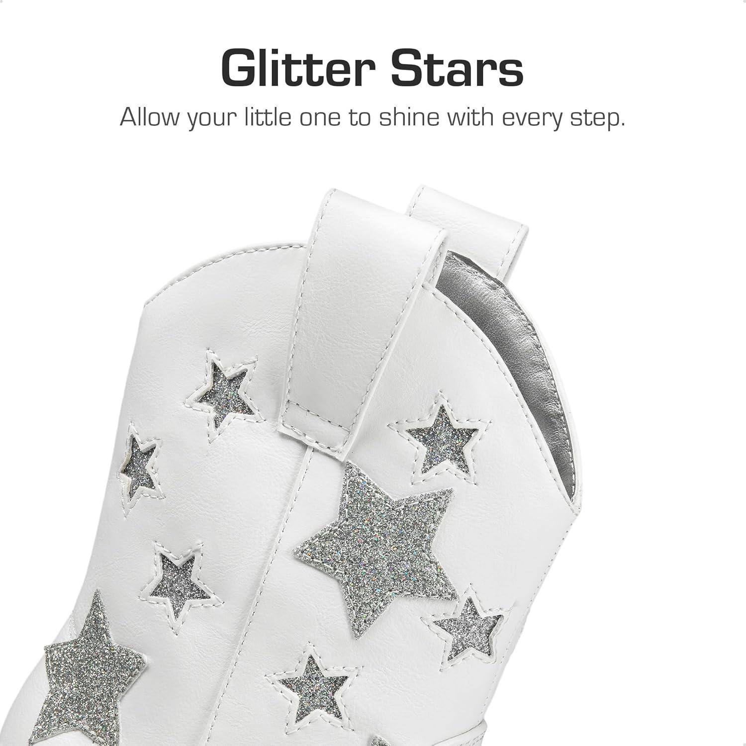 imageDREAM PAIRS Girls Cowgirl Boots Mid Calf Glitter Cowboy Western Boots Toddler Girls Star Riding ShoesWhite
