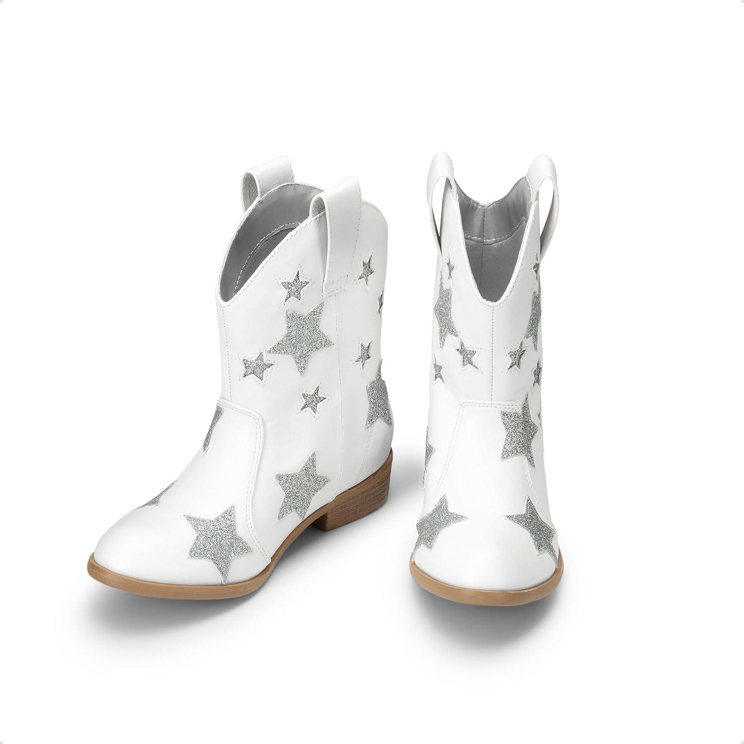 imageDREAM PAIRS Girls Cowgirl Boots Mid Calf Glitter Cowboy Western Boots Toddler Girls Star Riding ShoesWhite