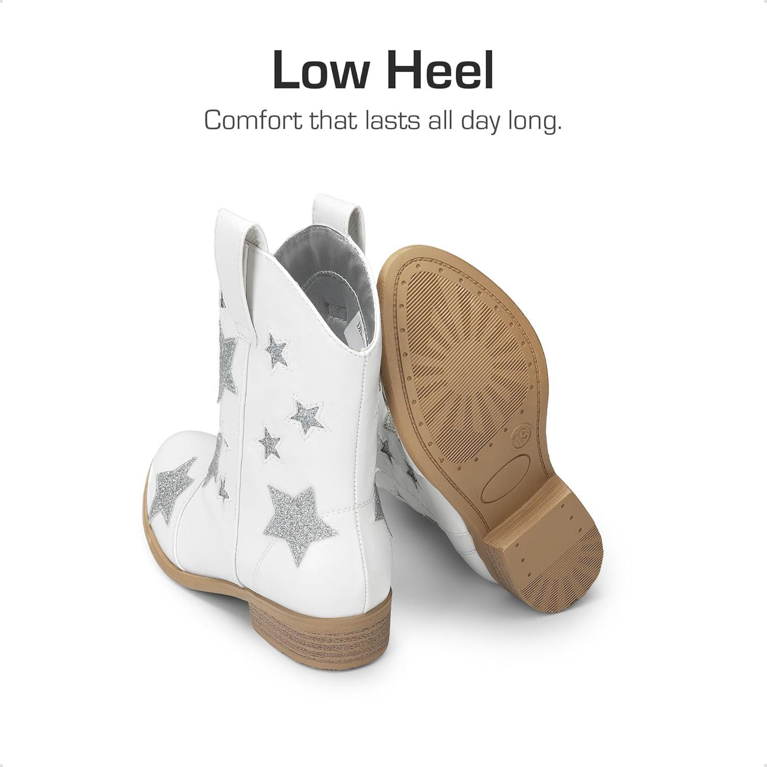 imageDREAM PAIRS Girls Cowgirl Boots Mid Calf Glitter Cowboy Western Boots Toddler Girls Star Riding ShoesWhite