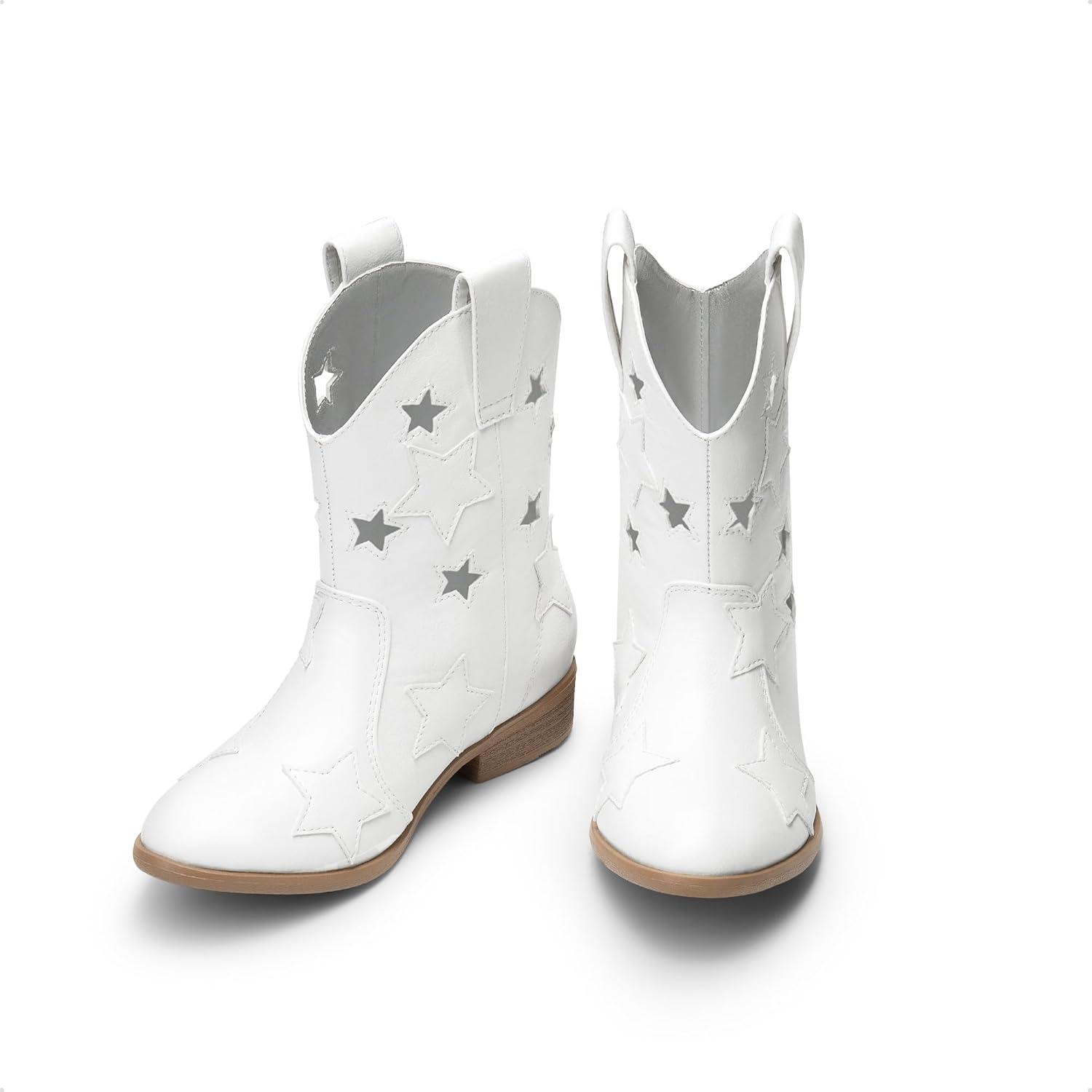 imageDREAM PAIRS Girls Cowgirl Boots Mid Calf Glitter Cowboy Western Boots Toddler Girls Star Riding ShoesWhiteholes