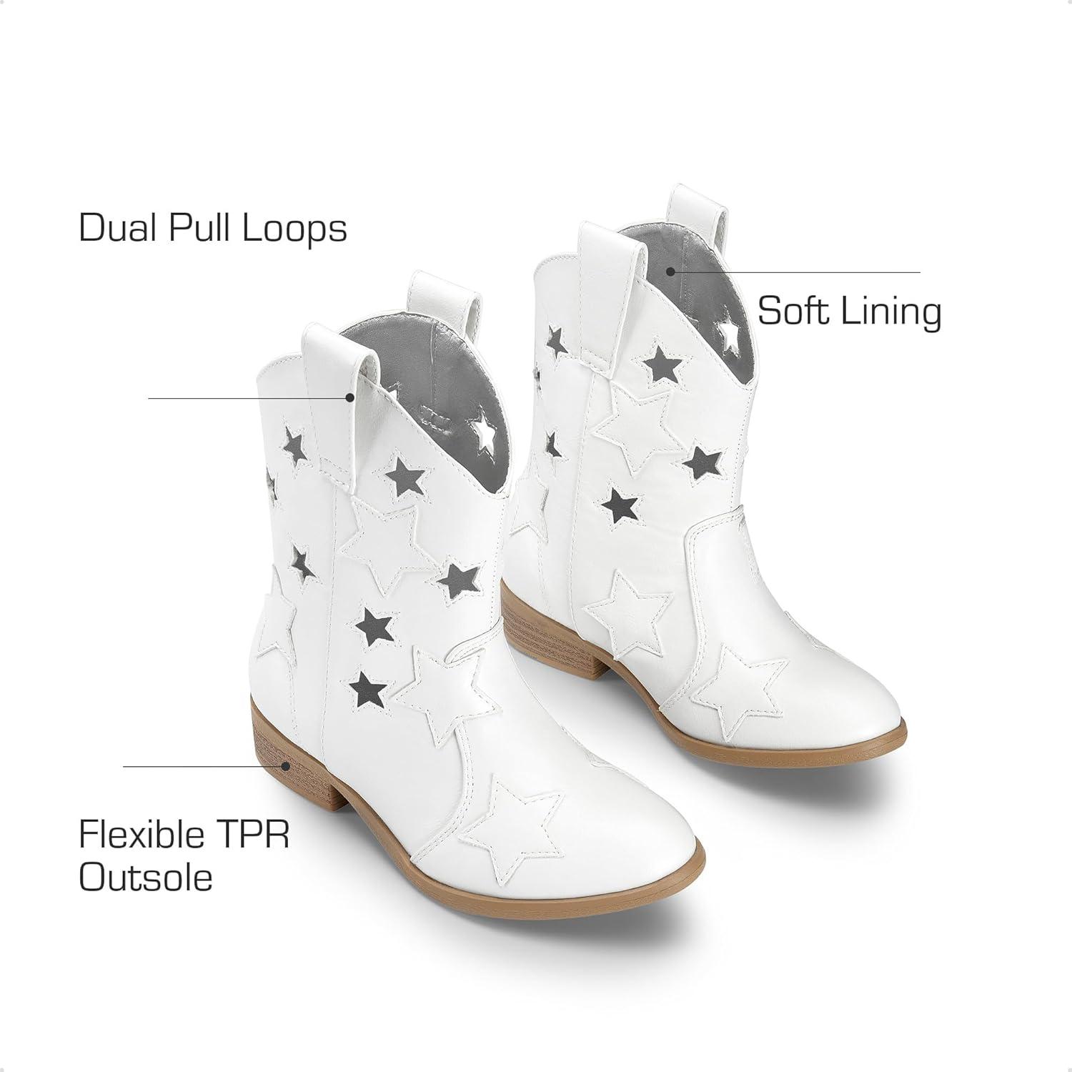 imageDREAM PAIRS Girls Cowgirl Boots Mid Calf Glitter Cowboy Western Boots Toddler Girls Star Riding ShoesWhiteholes