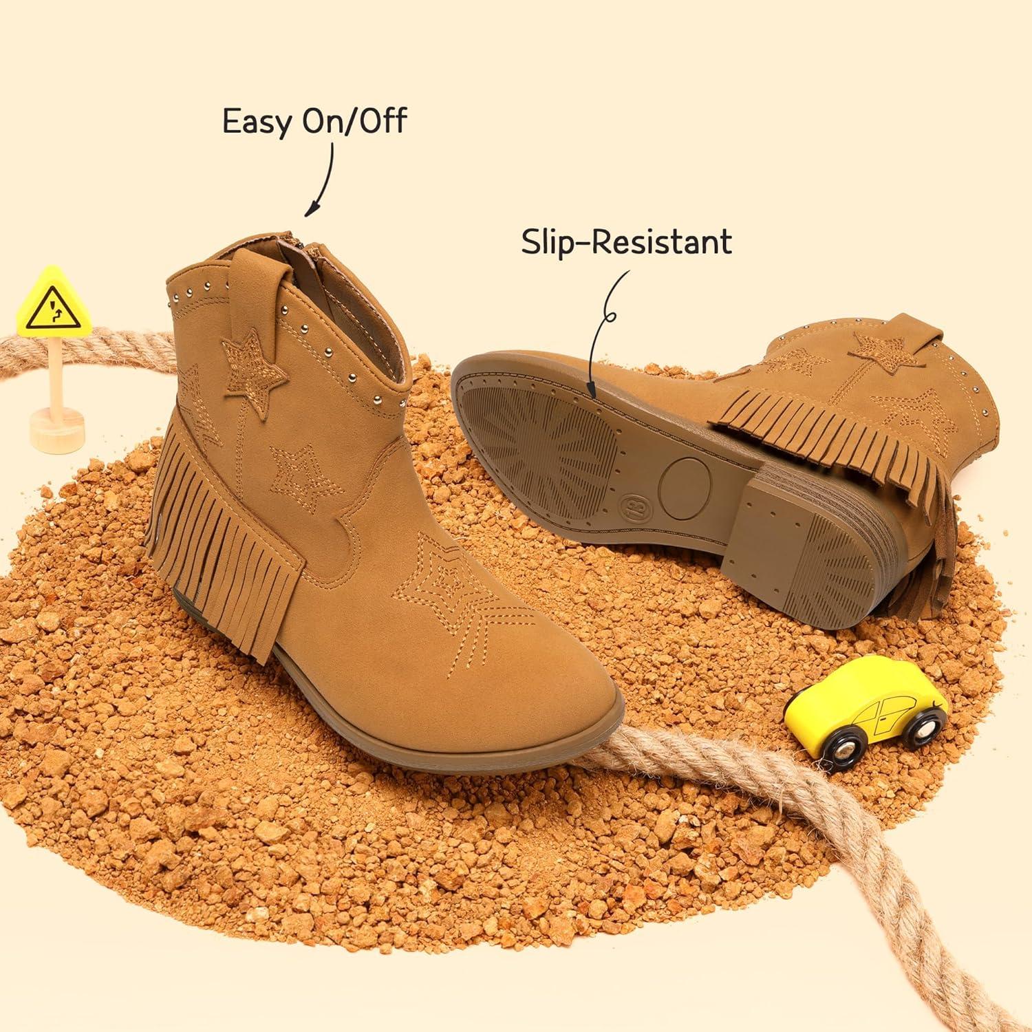 imageDREAM PAIRS Girls Cowgirl Cowboy Ankle Western Boots Side Zipper Riding Shoes with Tassel Little KidBig KidCamelsuede