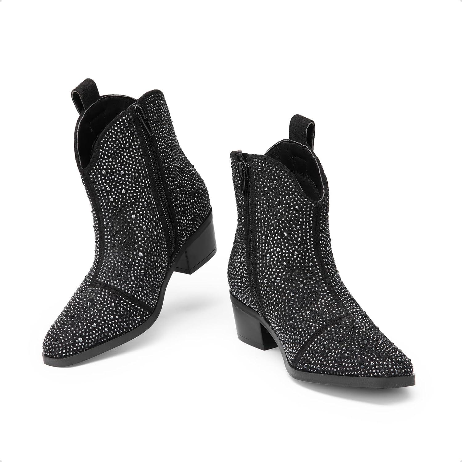 imageDREAM PAIRS Girls Cowgirl Cowboy Rhinestone Boots Ankle Low Heel Dress BootiesBlack