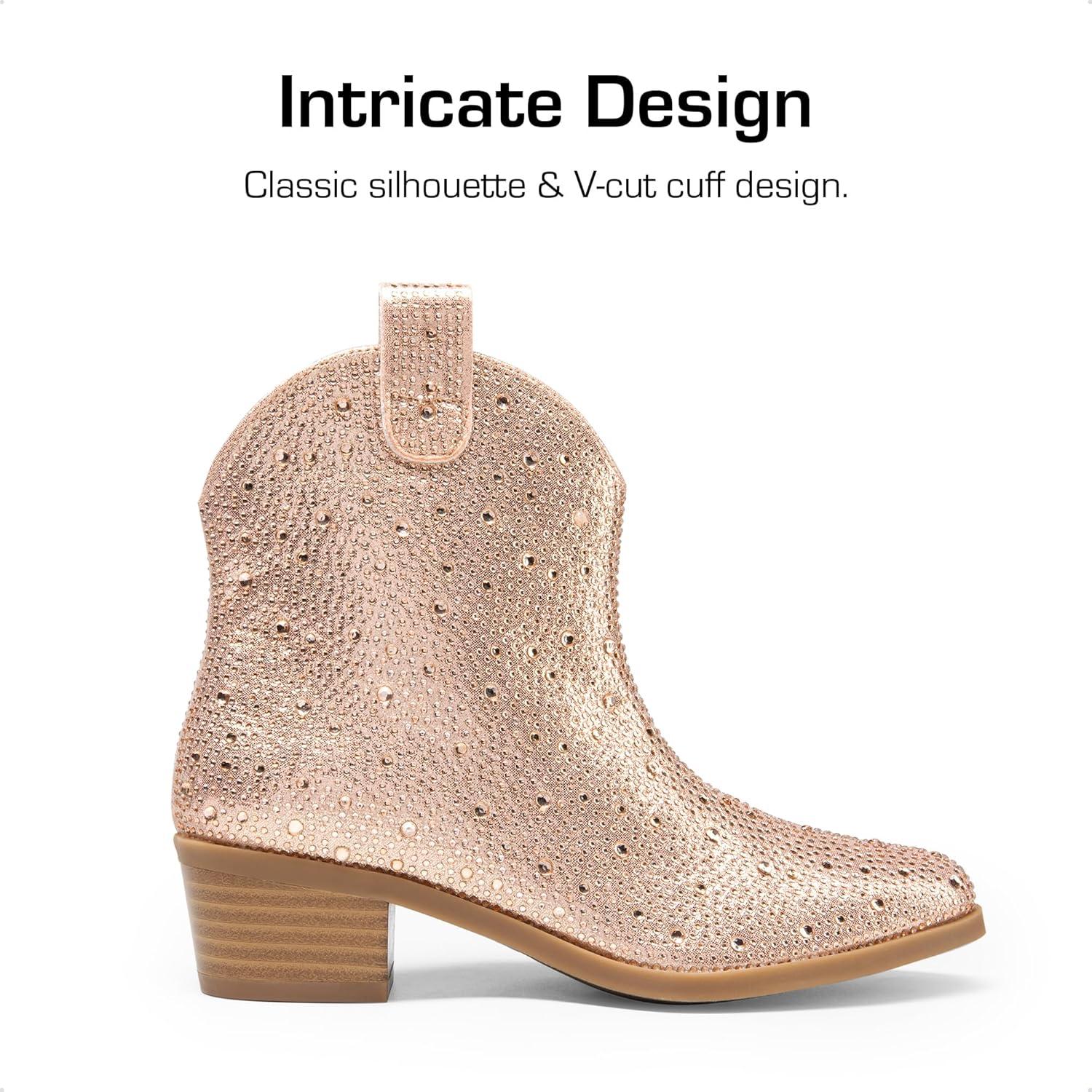 imageDREAM PAIRS Girls Cowgirl Cowboy Rhinestone Boots Ankle Low Heel Dress BootiesChampagne