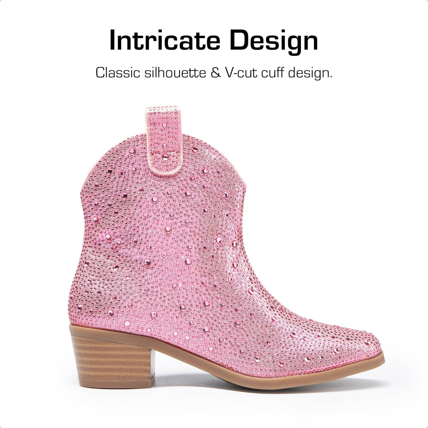 imageDREAM PAIRS Girls Cowgirl Cowboy Rhinestone Boots Ankle Low Heel Dress BootiesPink