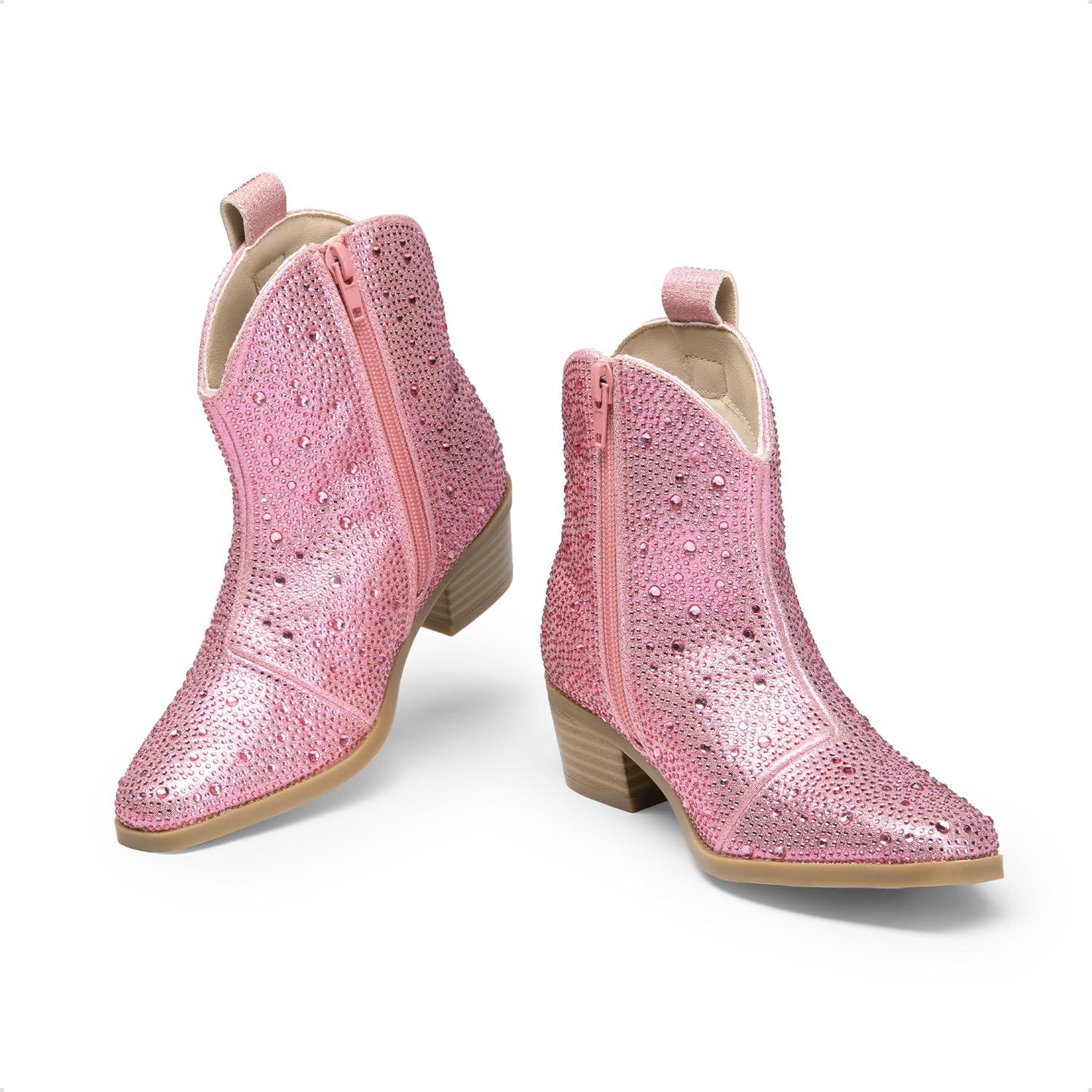imageDREAM PAIRS Girls Cowgirl Cowboy Rhinestone Boots Ankle Low Heel Dress BootiesPink