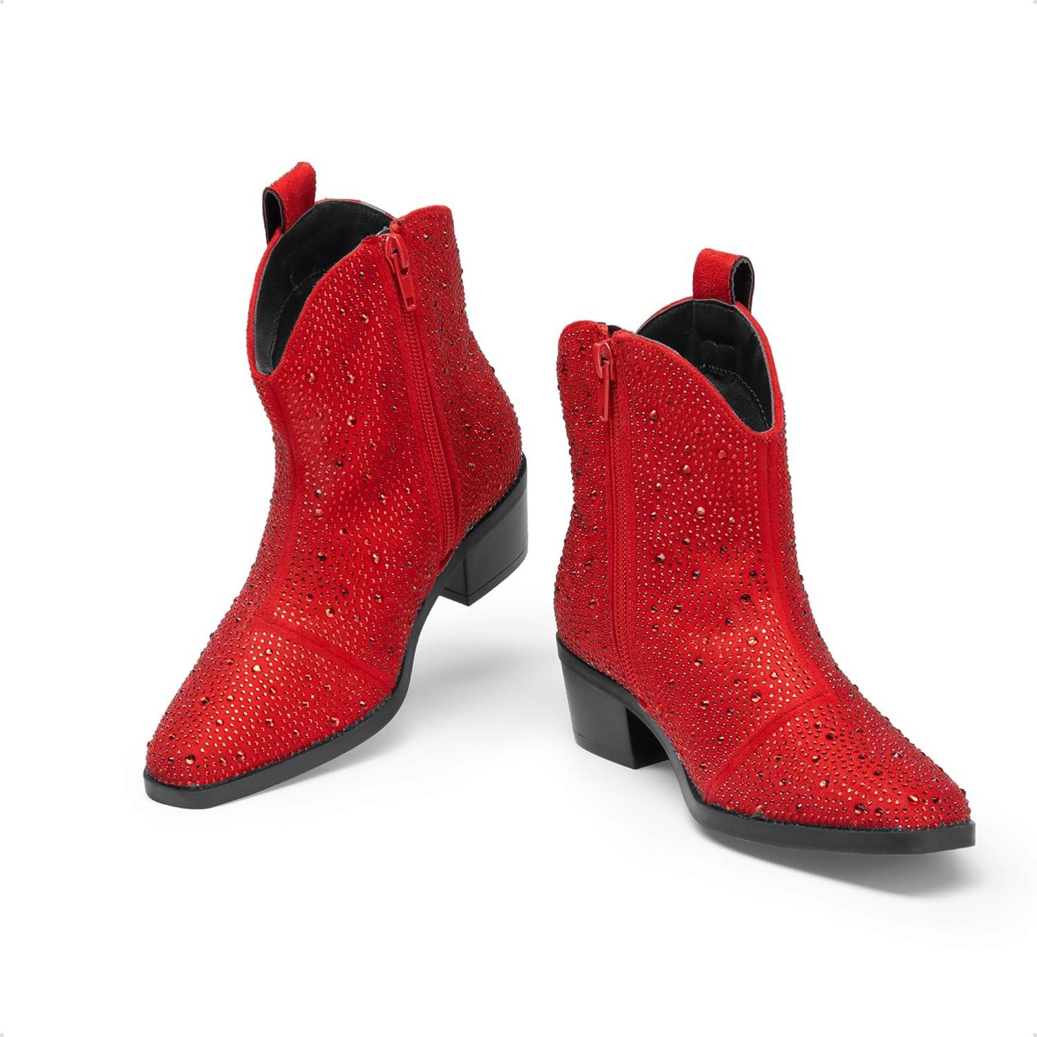 imageDREAM PAIRS Girls Cowgirl Cowboy Rhinestone Boots Ankle Low Heel Dress BootiesRed