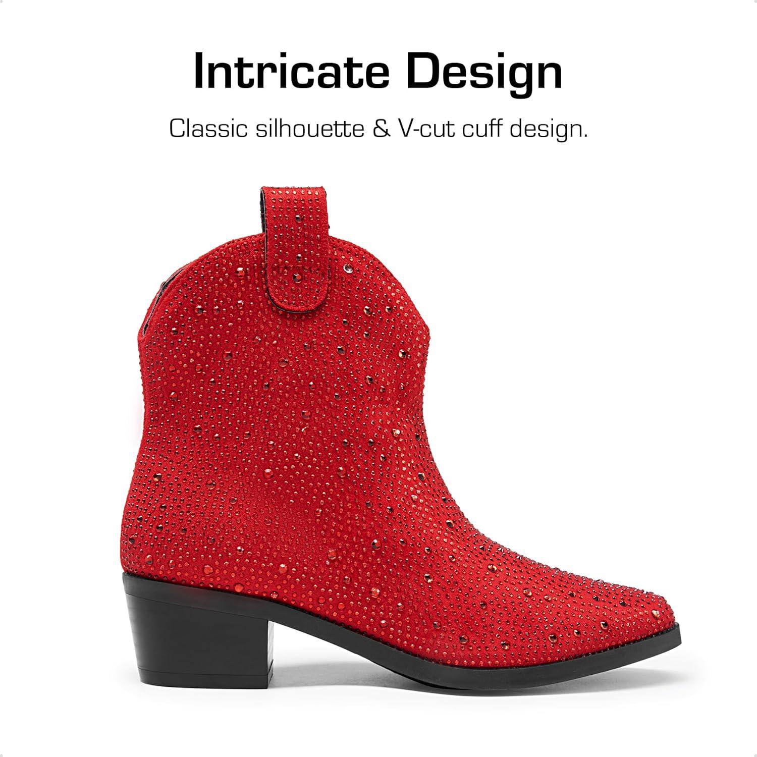 imageDREAM PAIRS Girls Cowgirl Cowboy Rhinestone Boots Ankle Low Heel Dress BootiesRed