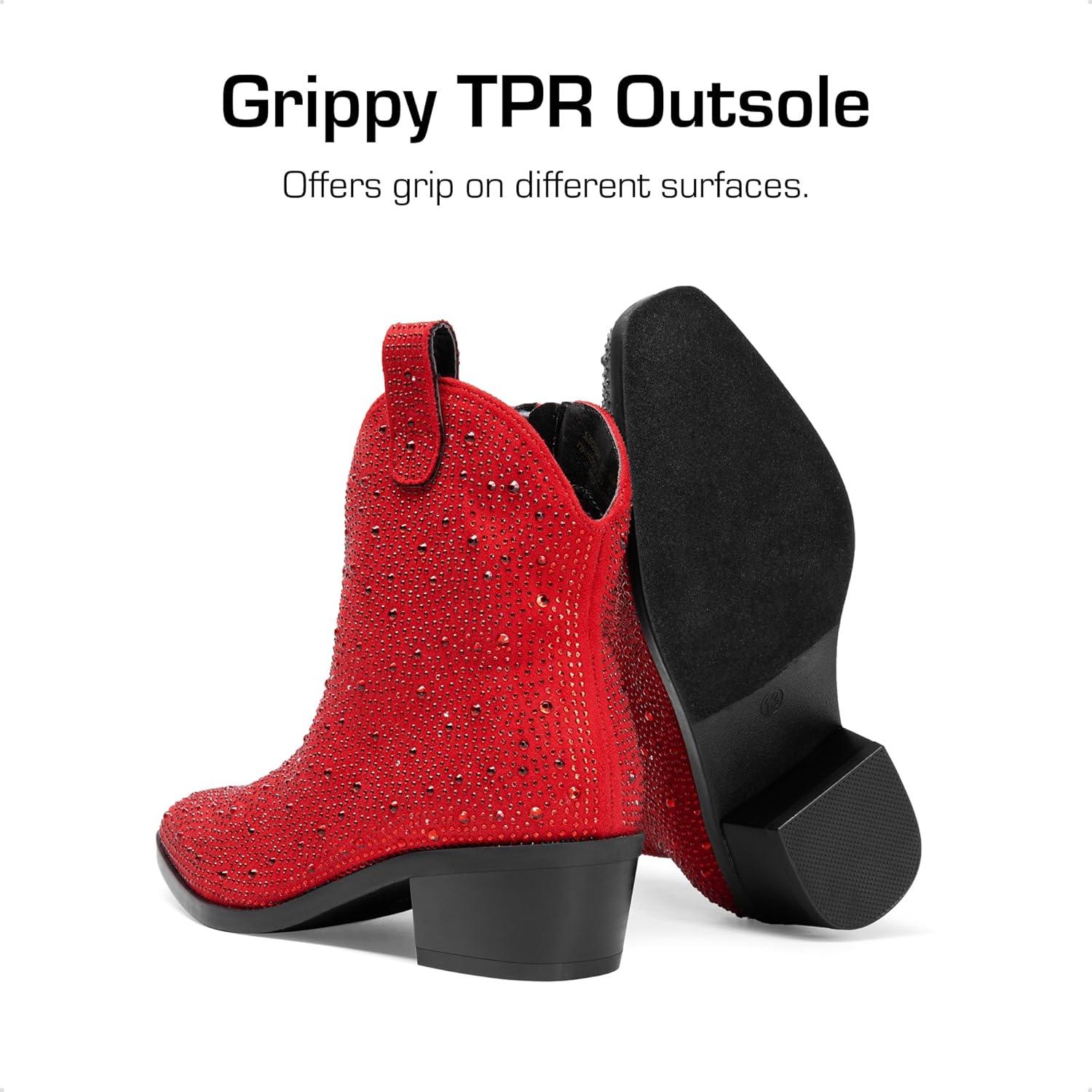 imageDREAM PAIRS Girls Cowgirl Cowboy Rhinestone Boots Ankle Low Heel Dress BootiesRed