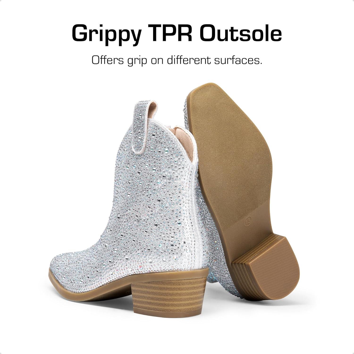 imageDREAM PAIRS Girls Cowgirl Cowboy Rhinestone Boots Ankle Low Heel Dress BootiesSilver