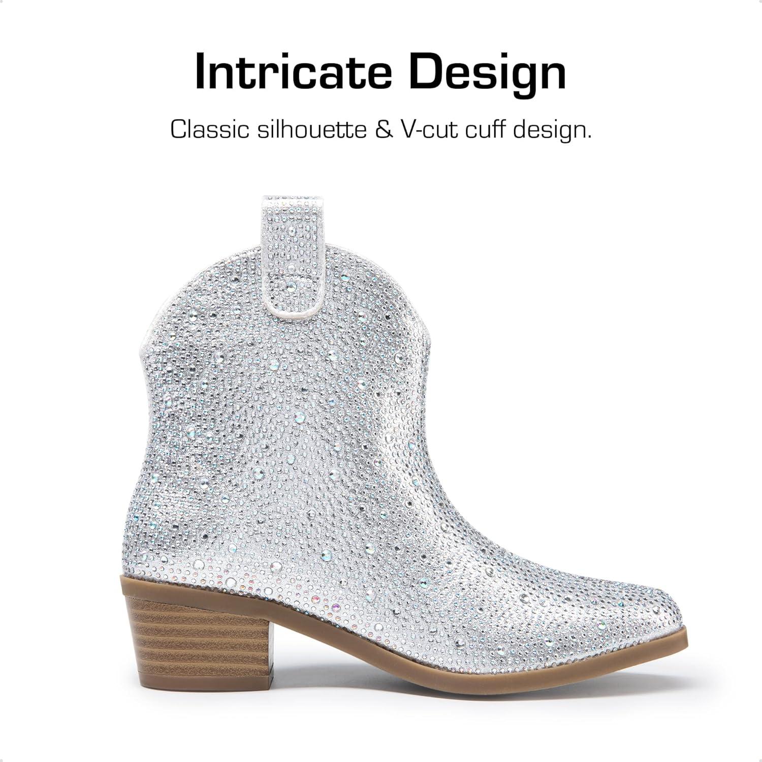 imageDREAM PAIRS Girls Cowgirl Cowboy Rhinestone Boots Ankle Low Heel Dress BootiesSilver