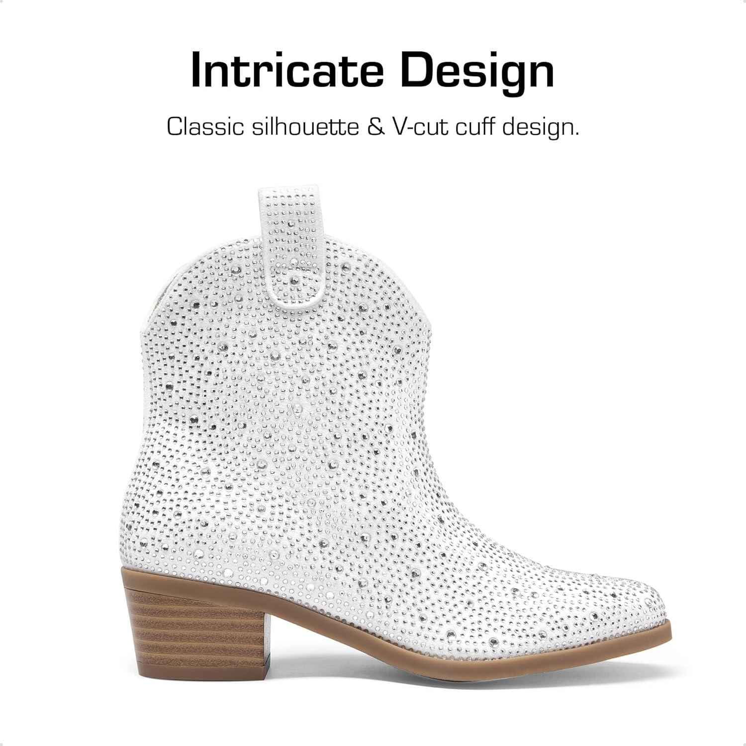 imageDREAM PAIRS Girls Cowgirl Cowboy Rhinestone Boots Ankle Low Heel Dress BootiesWhite