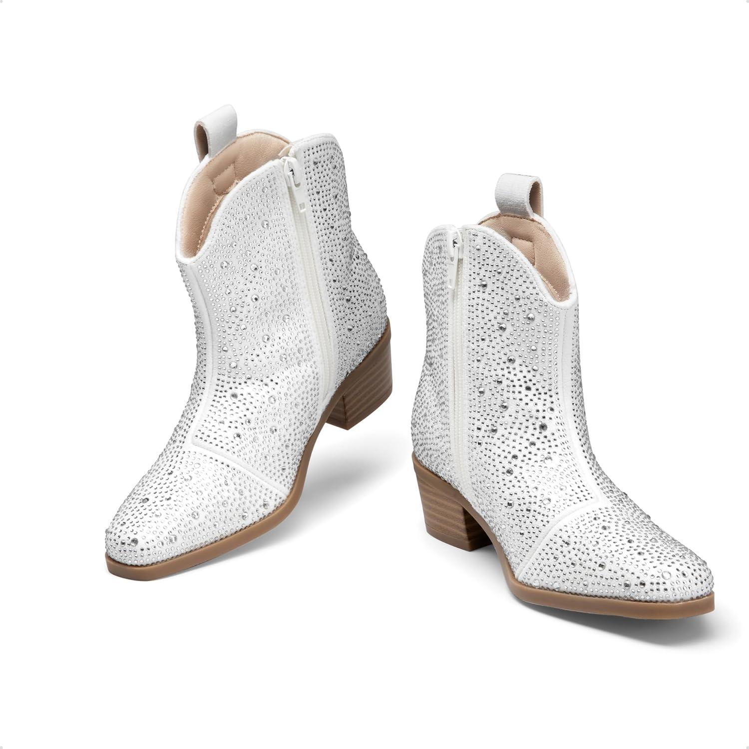 imageDREAM PAIRS Girls Cowgirl Cowboy Rhinestone Boots Ankle Low Heel Dress BootiesWhite