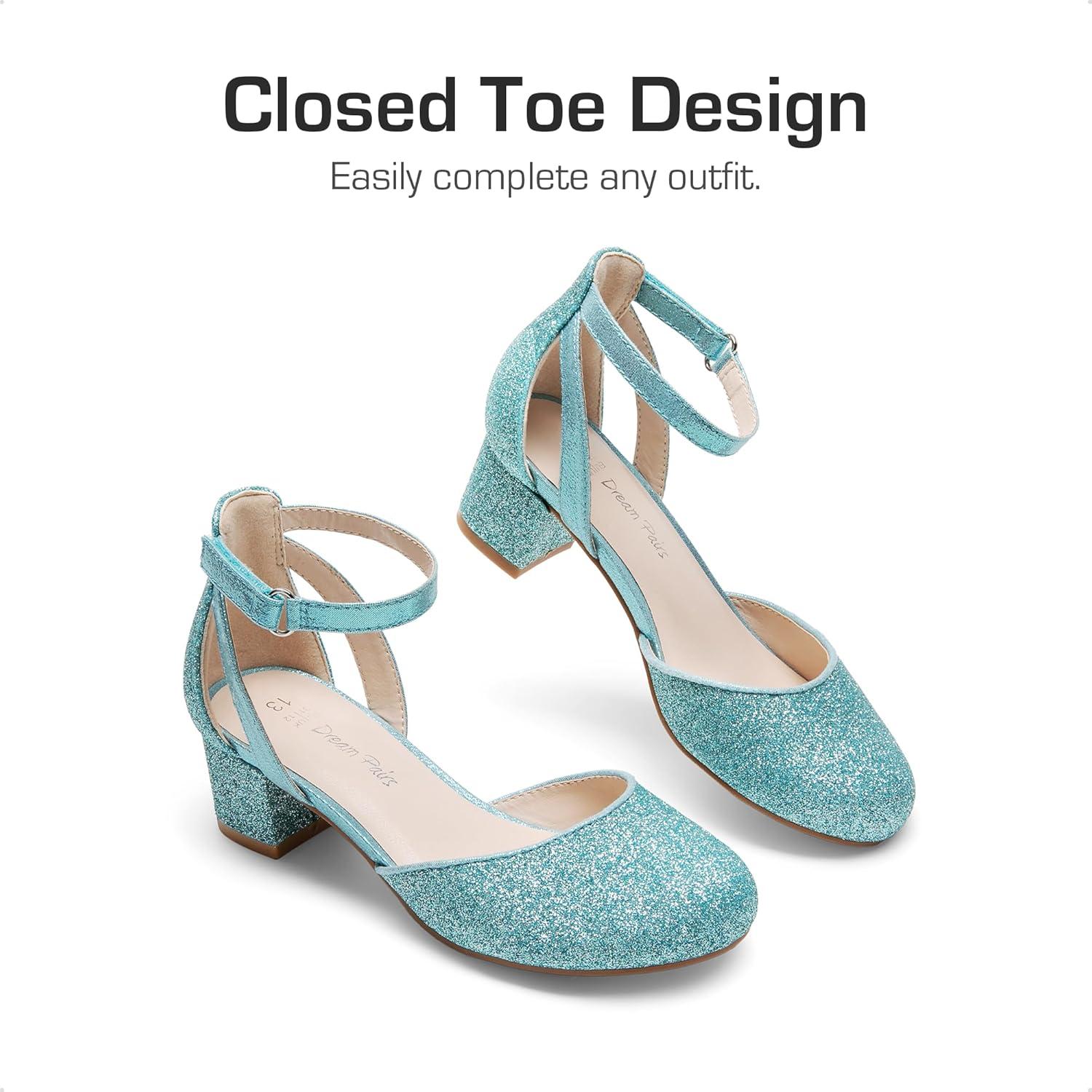 imageDREAM PAIRS Girls Dress Shoes Closed Toe High Heels Ankle Strap Toddler Little Big Kid Wedding Flower Party PumpBlue