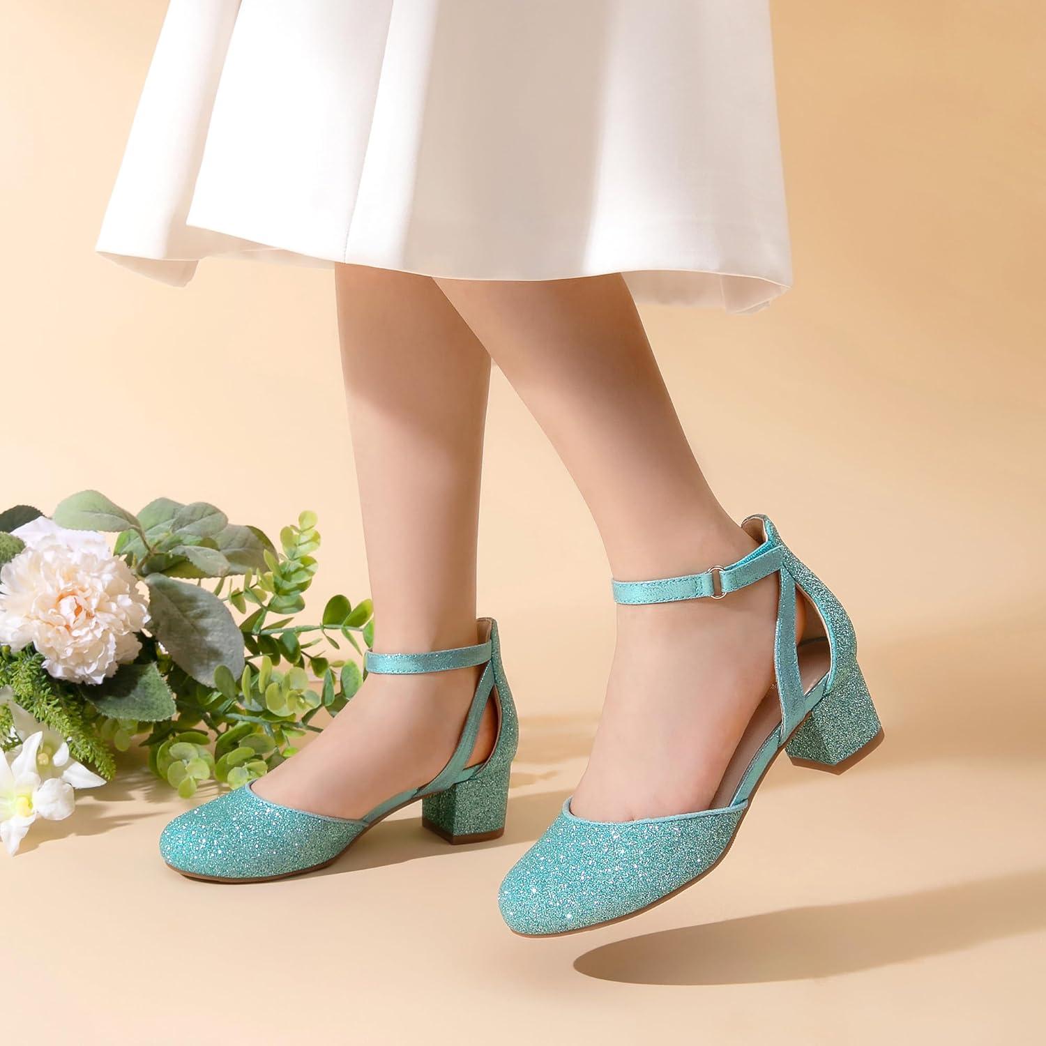 imageDREAM PAIRS Girls Dress Shoes Closed Toe High Heels Ankle Strap Toddler Little Big Kid Wedding Flower Party PumpBlue