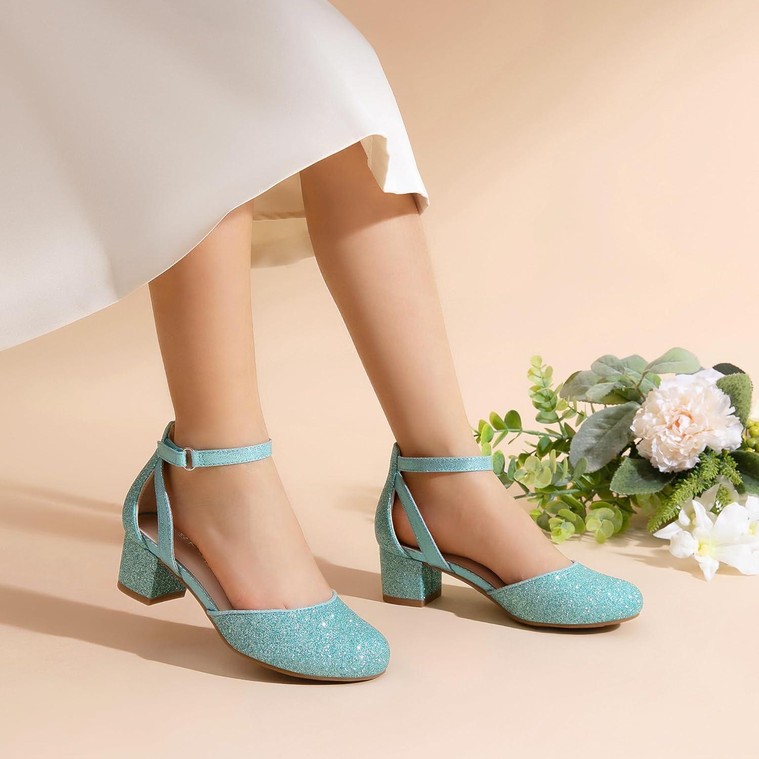 imageDREAM PAIRS Girls Dress Shoes Closed Toe High Heels Ankle Strap Toddler Little Big Kid Wedding Flower Party PumpBlue