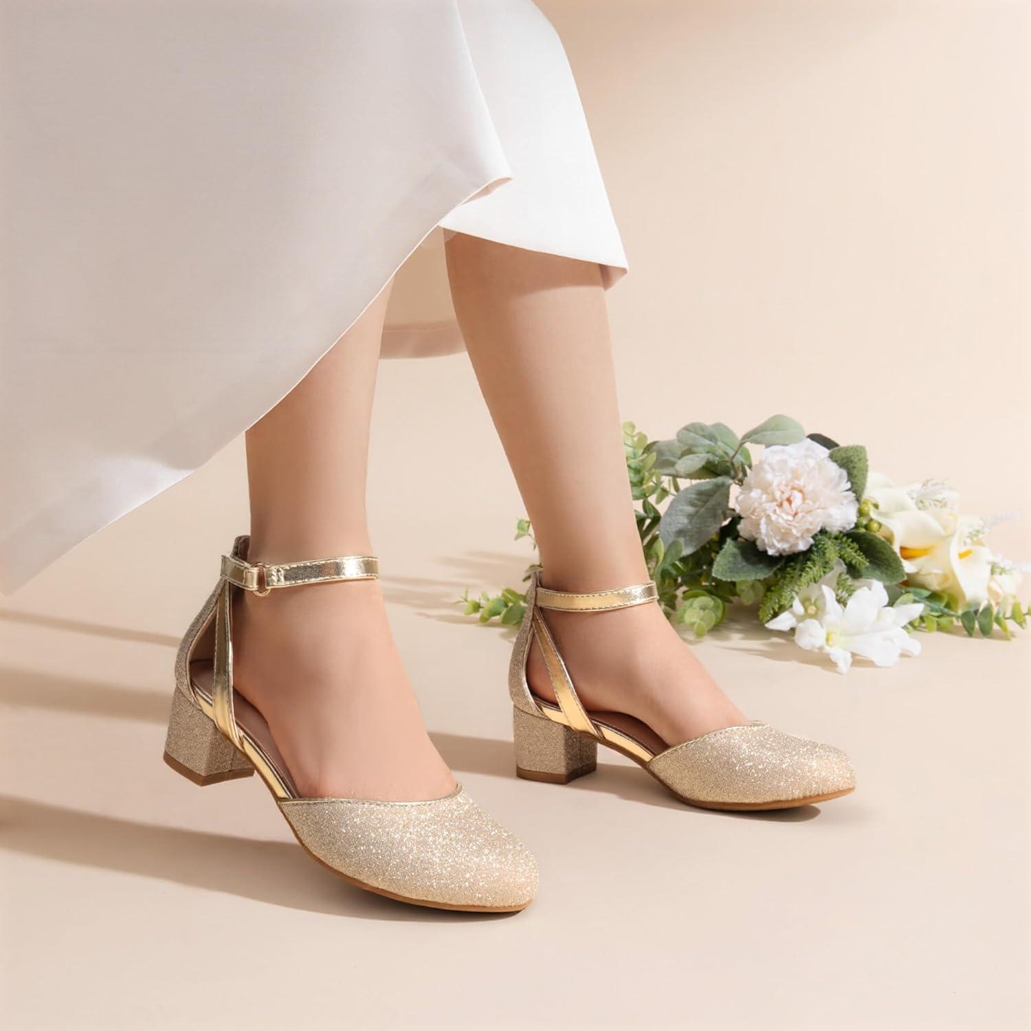 imageDREAM PAIRS Girls Dress Shoes Closed Toe High Heels Ankle Strap Toddler Little Big Kid Wedding Flower Party PumpGold