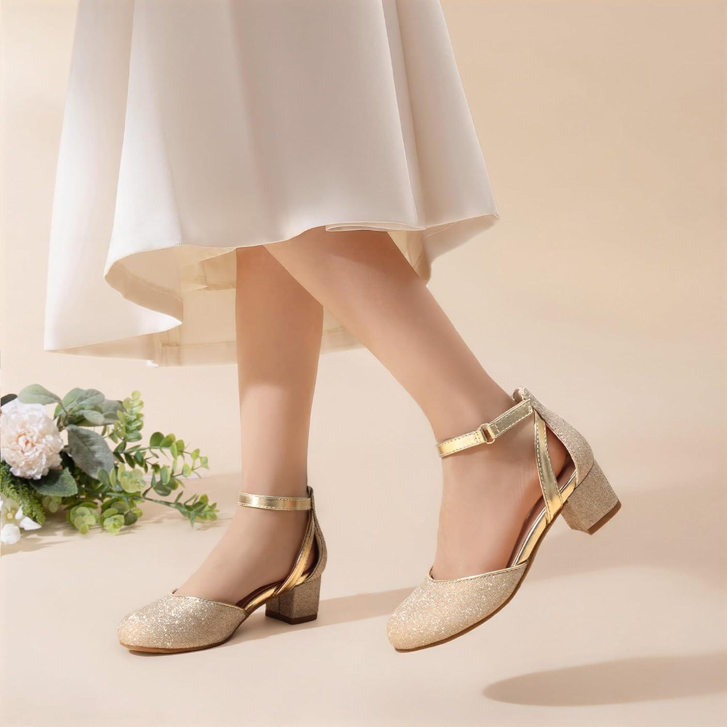 imageDREAM PAIRS Girls Dress Shoes Closed Toe High Heels Ankle Strap Toddler Little Big Kid Wedding Flower Party PumpGold