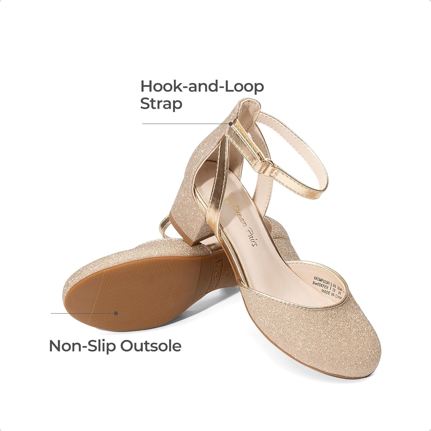 imageDREAM PAIRS Girls Dress Shoes Closed Toe High Heels Ankle Strap Toddler Little Big Kid Wedding Flower Party PumpGold